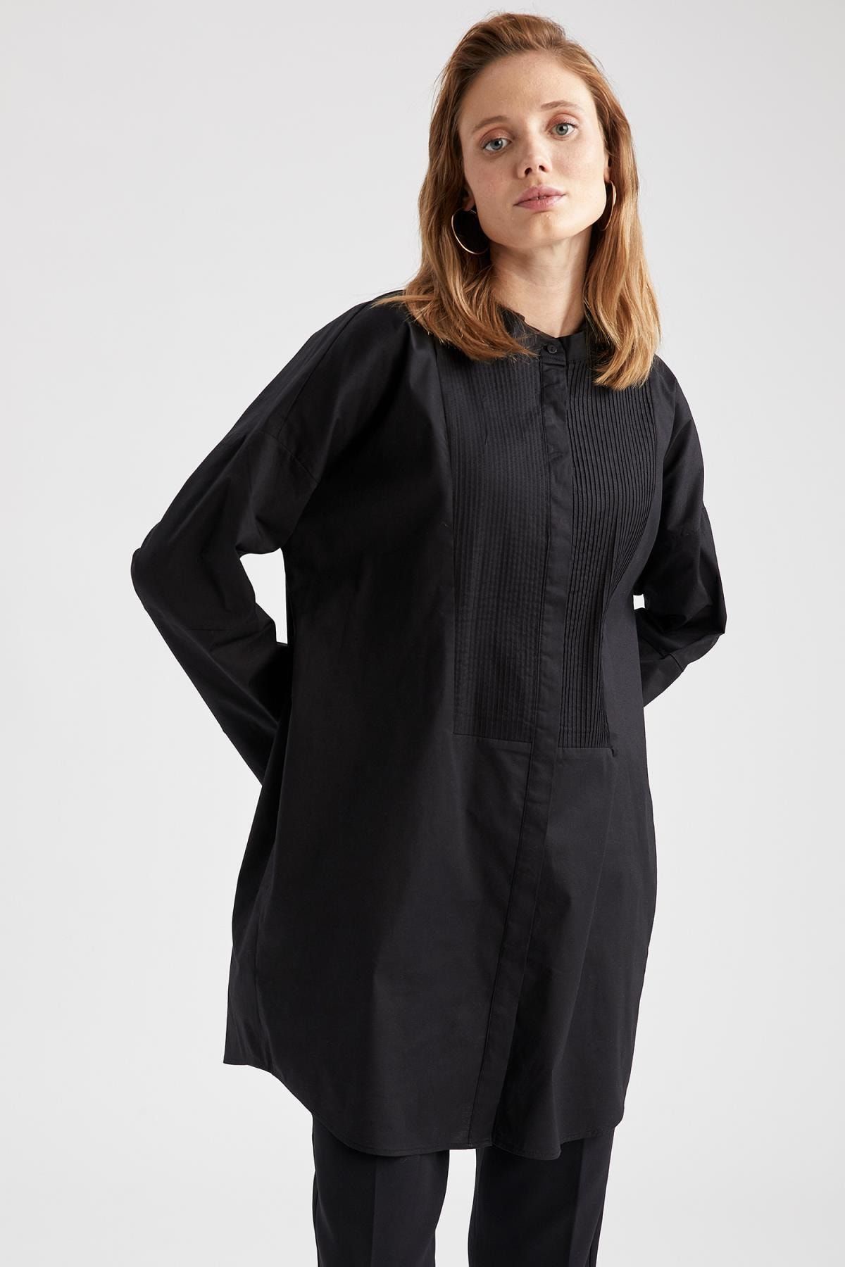 DeFacto Kadın Black Red Hakim Yaka Oversize Gömlek Tunik T5665AZ20CW
