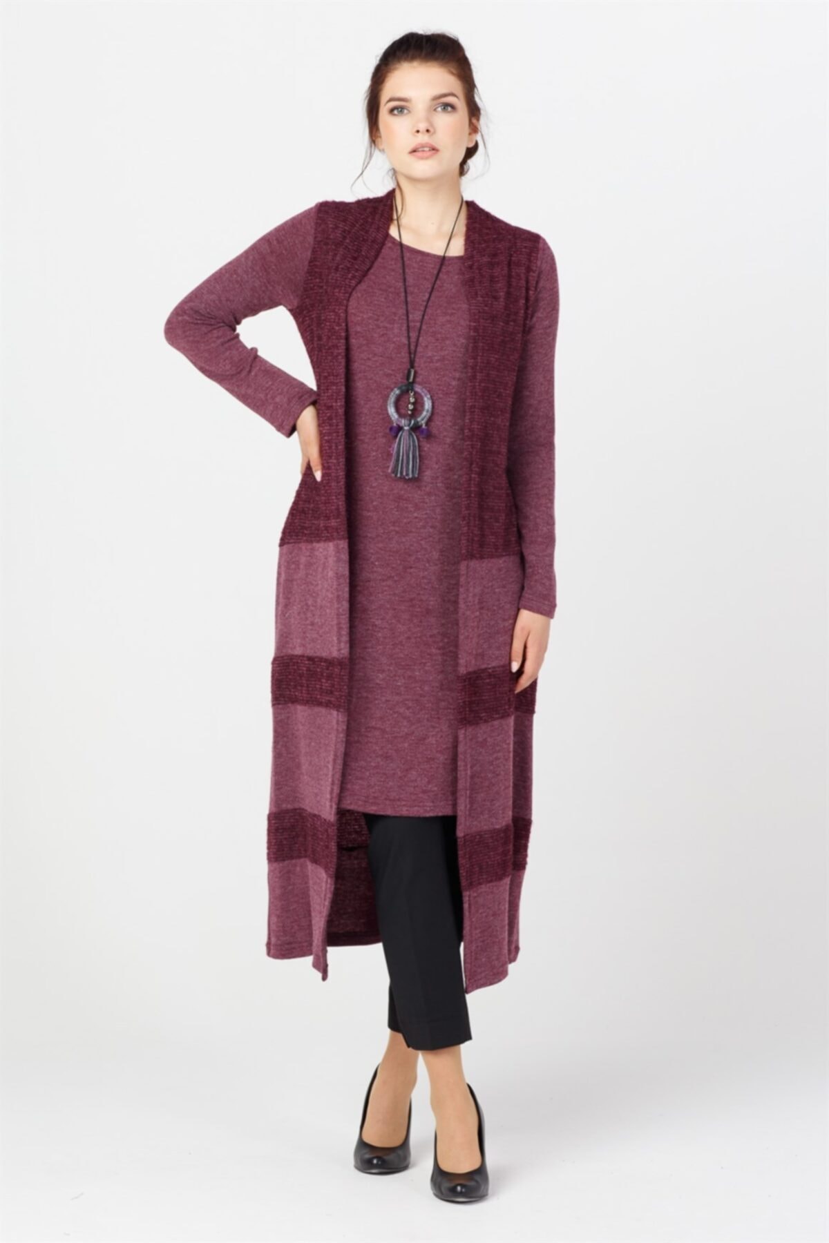 Esswaap Kadın Mürdüm Simli Örme Hırkalı Takım