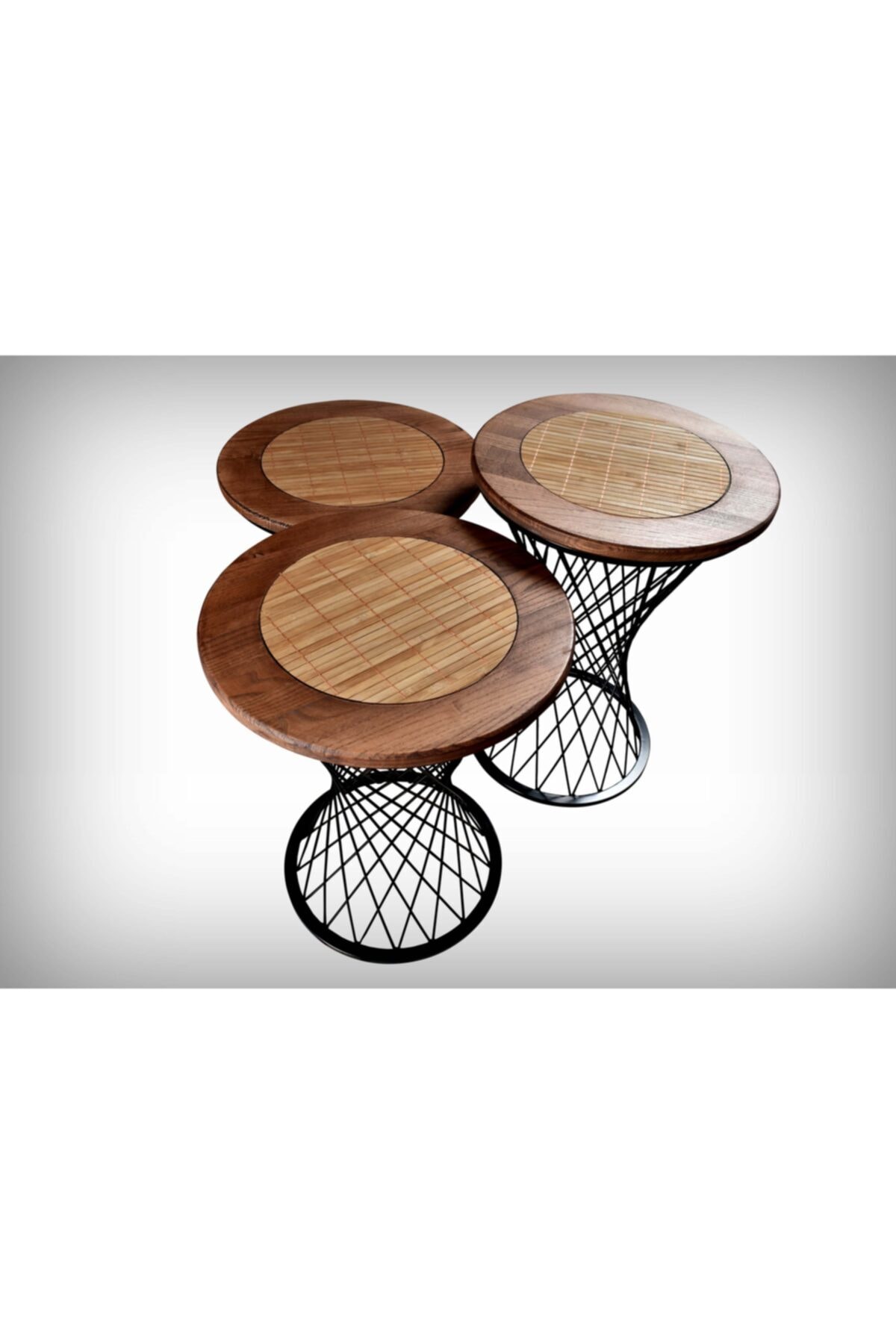 HeeDWooD Design Hasır Dişbudak Tabla Siyah Pota Ayak 3lü Zigon Sehpa
