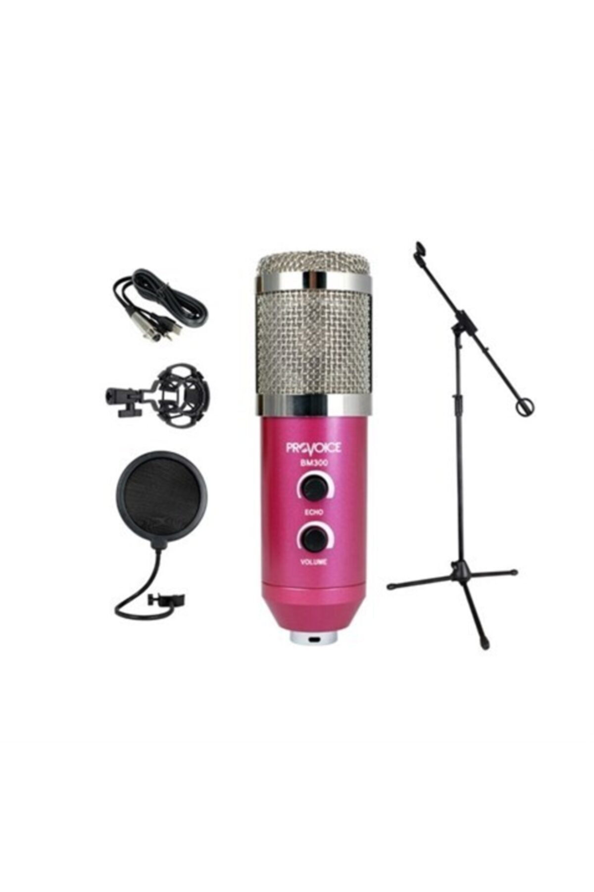Provoice Bm-300 Kayıt Mikrofonu+ Stand+ Pop Fitre+ Shock Mount (pembe)