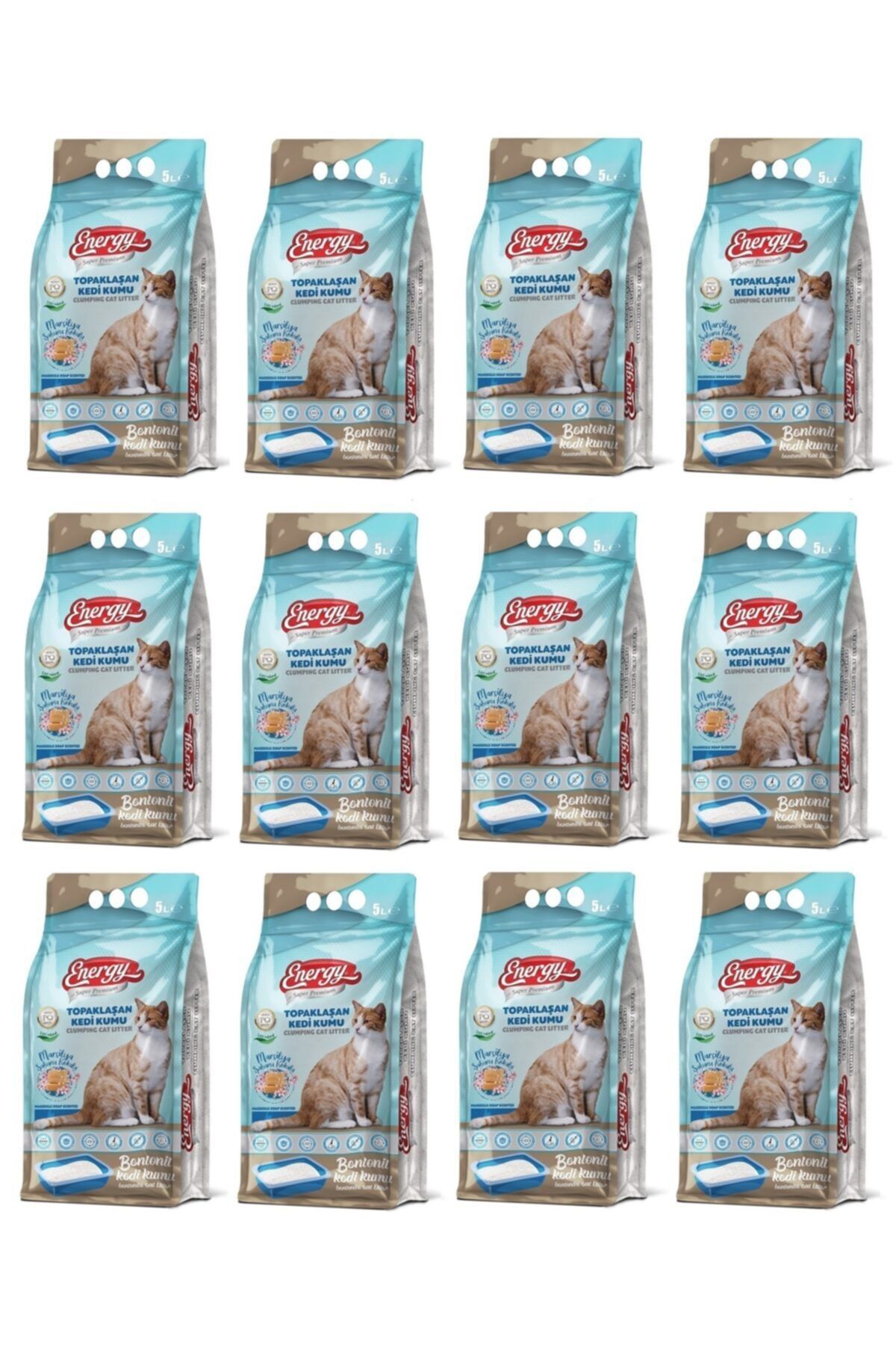 Energy Bentonit Kedi Kumu Marsilya Sabunu Kokulu 5 Lt - 12 Paket - Toplam 60 Lt