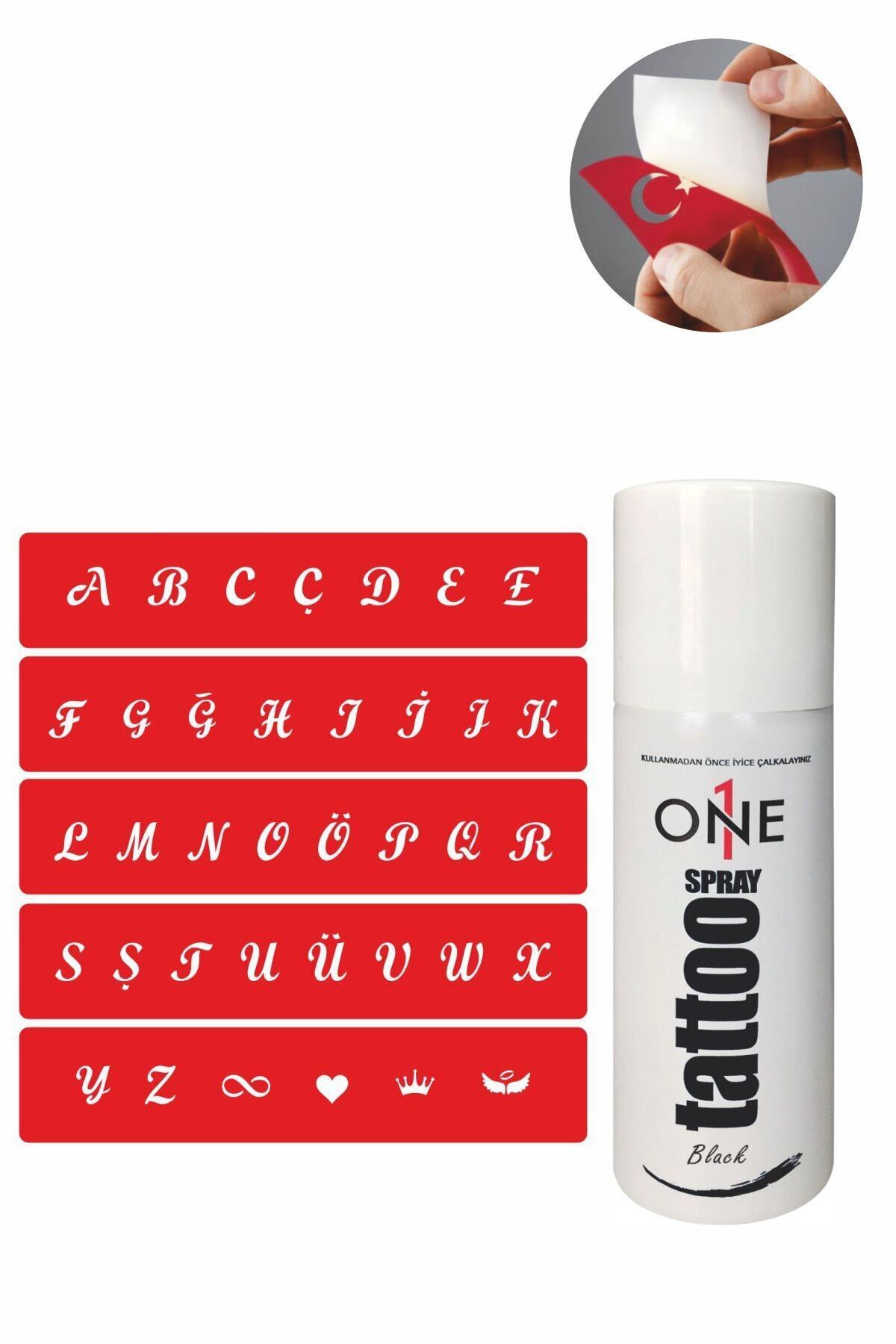 ONE SPRAY TATTOO Büyük Boy El Yazısı Harf Bantı Dövme Seti Siyah Sprey Ve 5 Desen