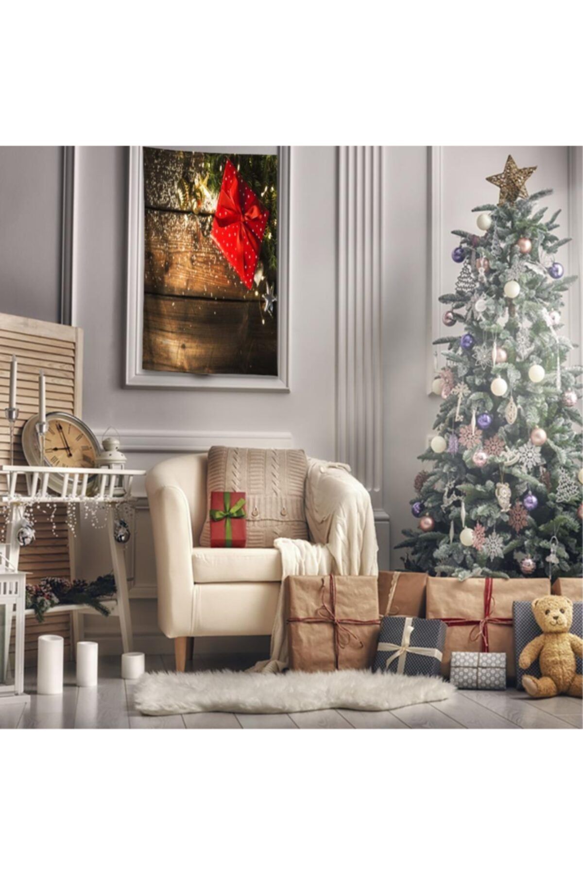 Henge Home Baskılı Duvar Örtüsü Çam Dalları Ahşap Masa Noel Kırmızı Hediye Paketi