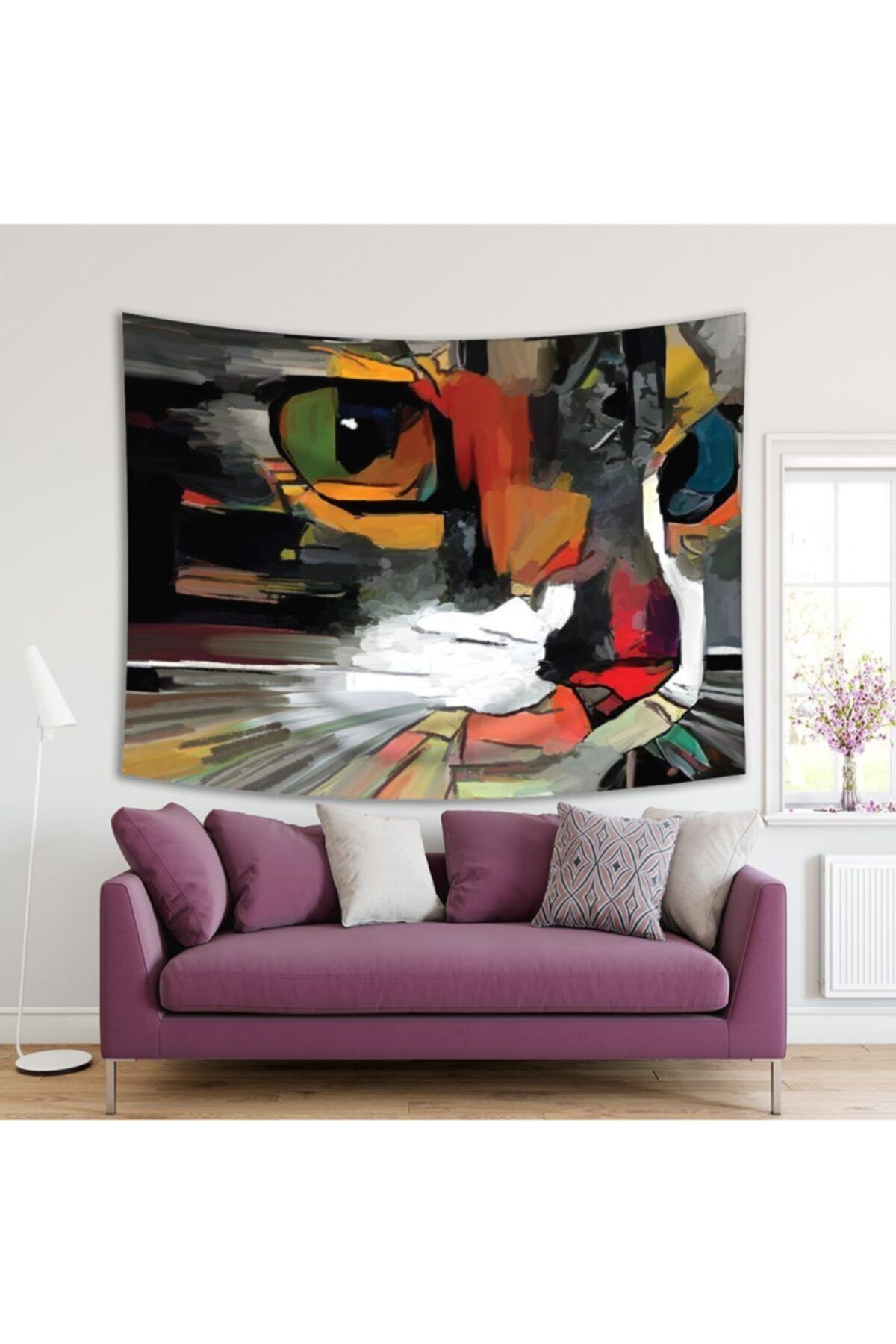 Henge Home Baskılı Duvar Örtüsü Sevimli Kedi Yüzü Boya Desenli