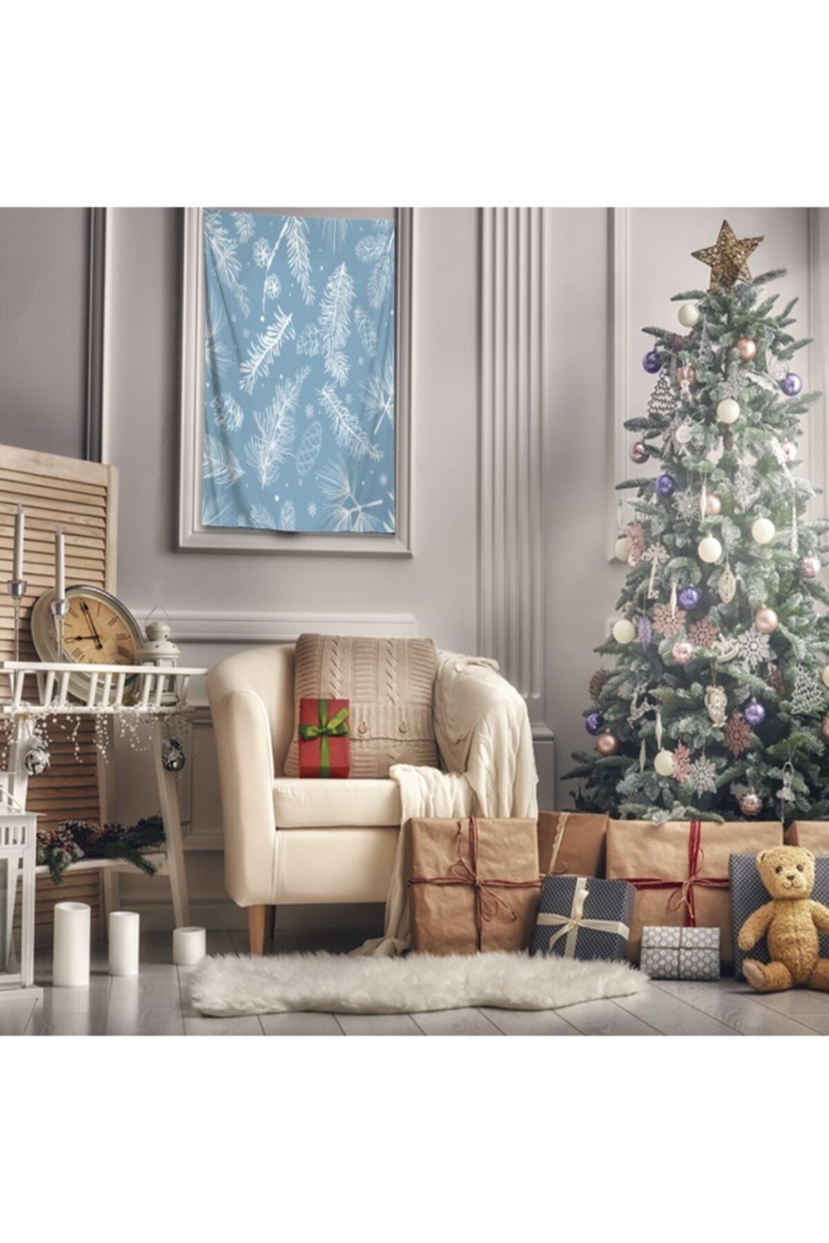 Henge Home Baskılı Duvar Örtüsü Mavi Noel Kar Taneleri Çam Kozalakları ve Dalları