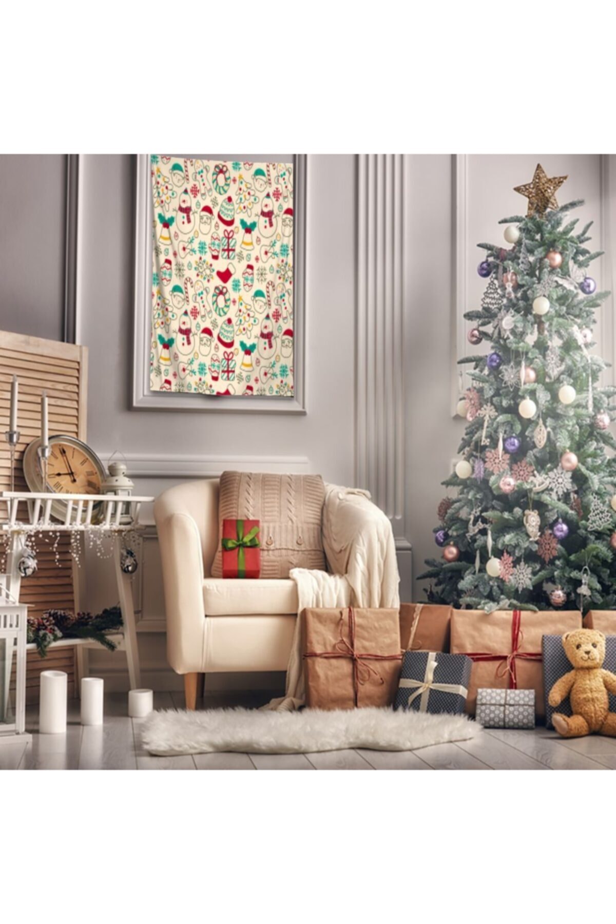 Henge Home Baskılı Duvar Örtüsü Kardan Adam Noel Baba Yılbaşı Süsleri Krem Renkli