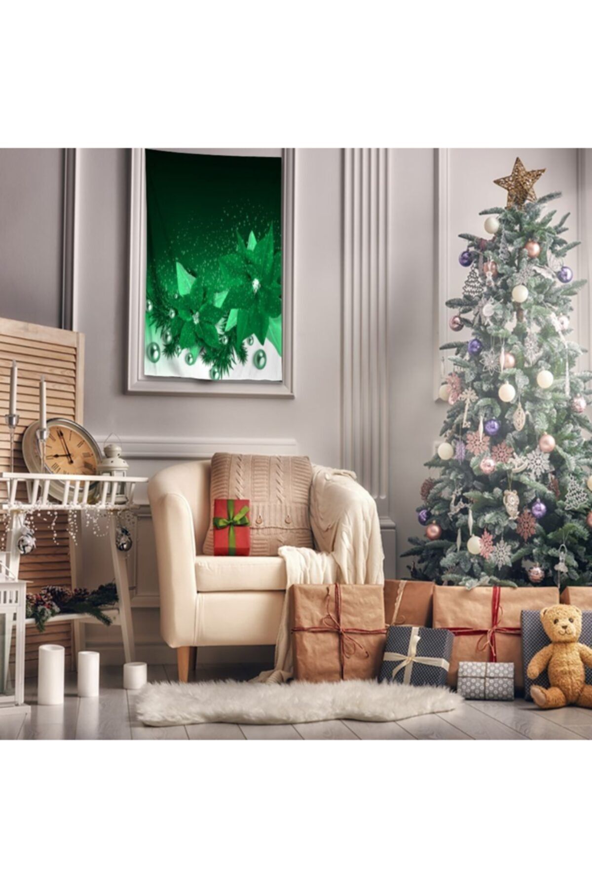 Henge Home Baskılı Duvar Örtüsü Noel İnciler Köknar Dalları Yılbaşı Yeşil Kartaneleri