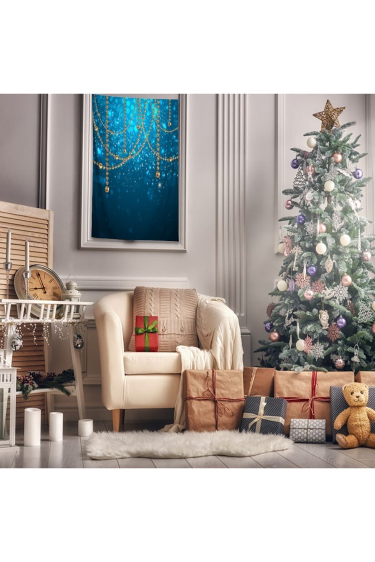 Henge Home Baskılı Duvar Örtüsü Noel Altın İnci Süsleri İle Yılbaşı Temalı Mavi Laci