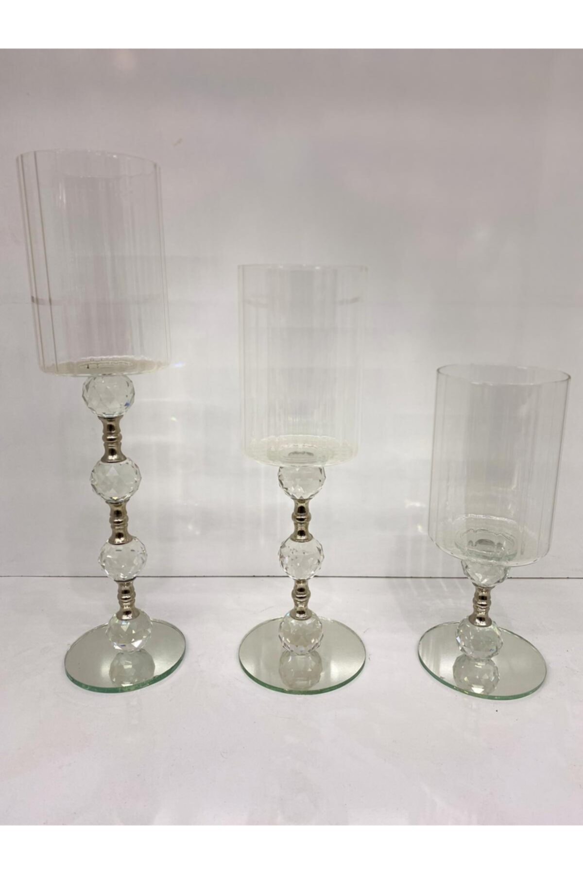 AKÇAY 3'lü Şeffaf Gümüş Dekoratif Şamdan Mumluk