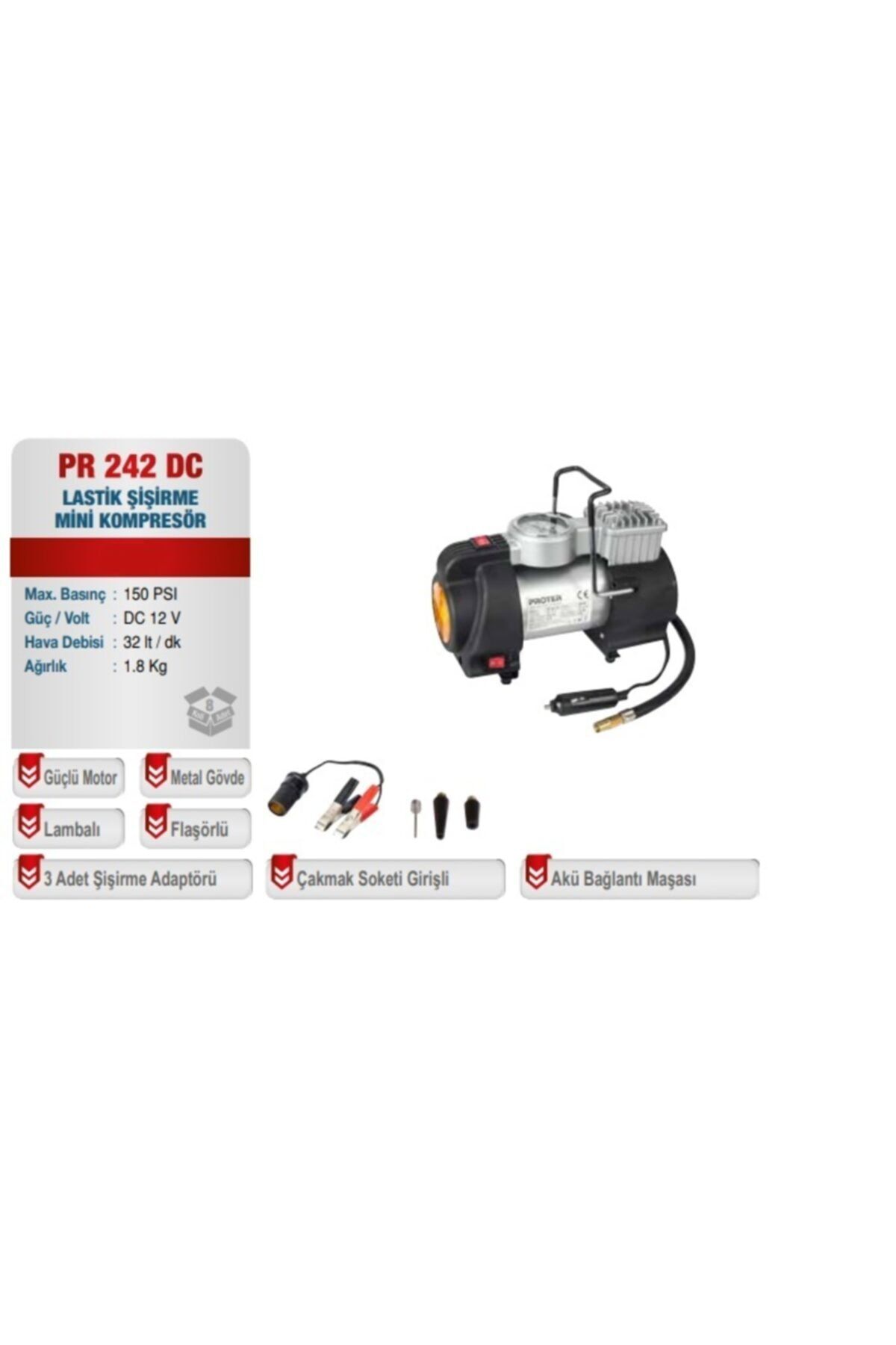 Proter Lambalı Lastik Şişirme Kompresörü Pr 242 Dc