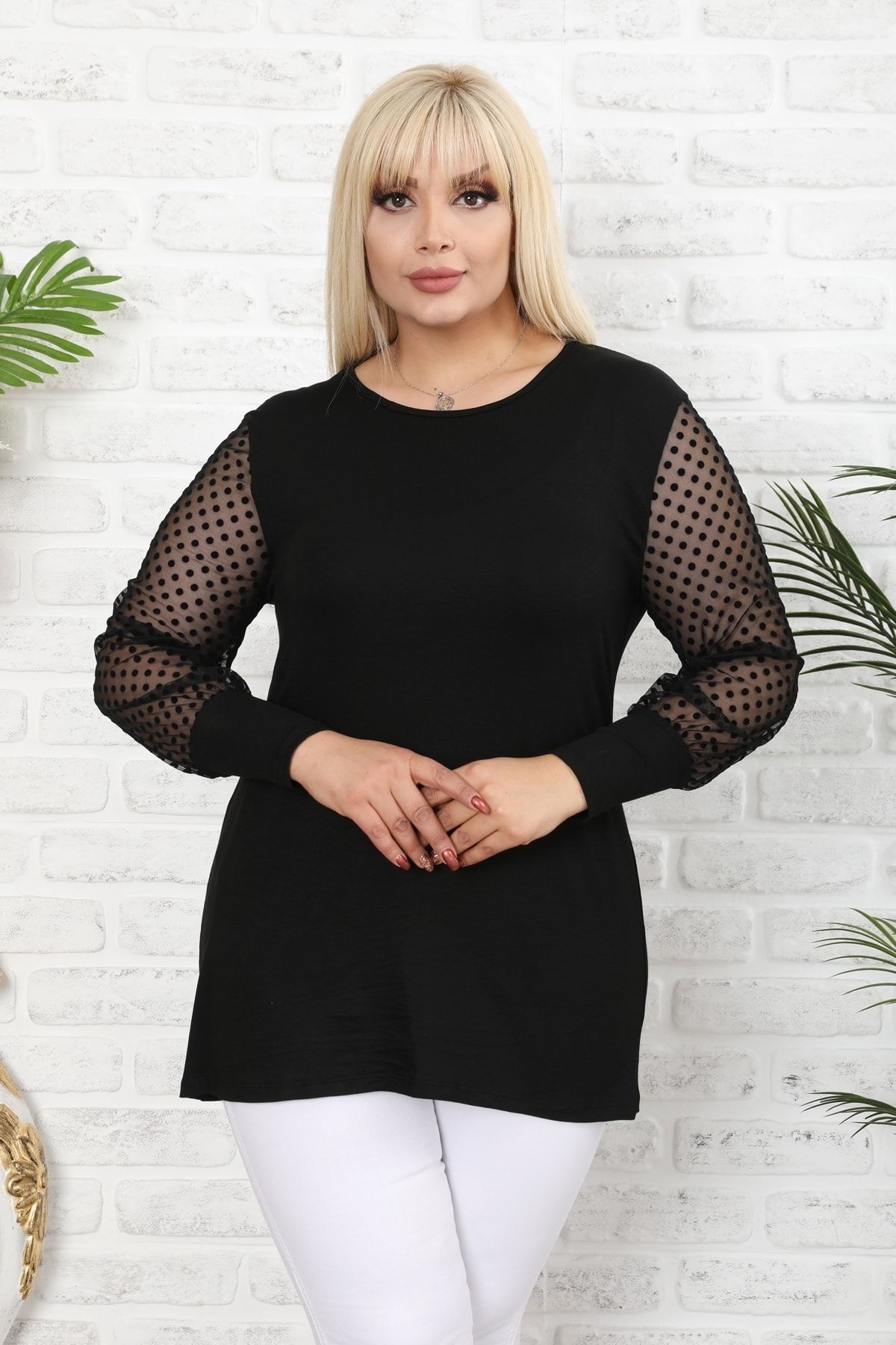 Moda Ataman Kadın Büyük Beden Siyah Puantiye Flok Desenli Bluz