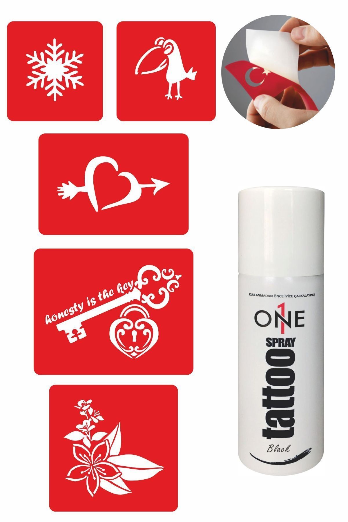 ONE SPRAY TATTOO Kalp Ve Anahtar Dövme Seti Siyah Sprey Ve 5 Desen 7713415