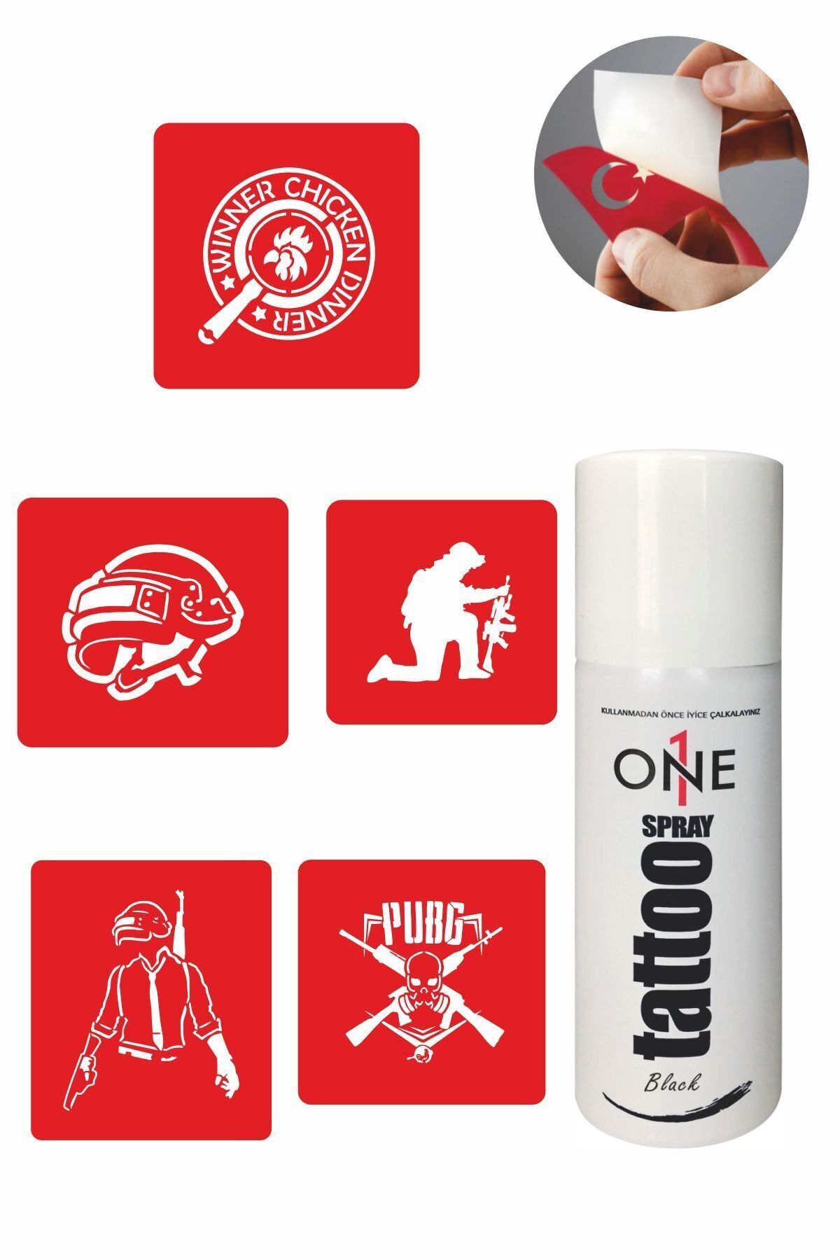 ONE SPRAY TATTOO Pubg Dövme Seti Siyah Sprey Ve 5 Desen 7711015