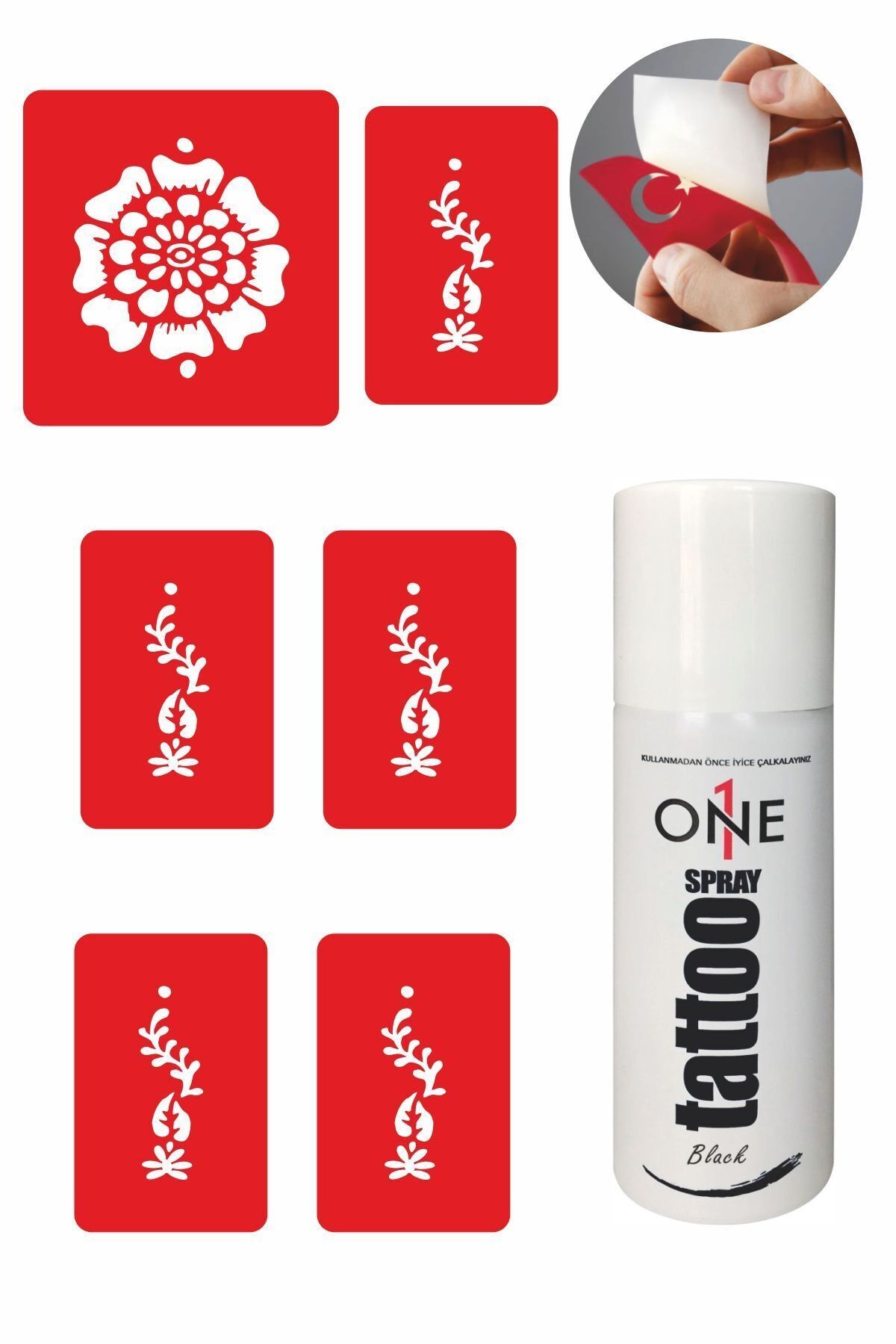 ONE SPRAY TATTOO Hint Motifi Dövme Seti Siyah Sprey Ve 5 Desen 7704715