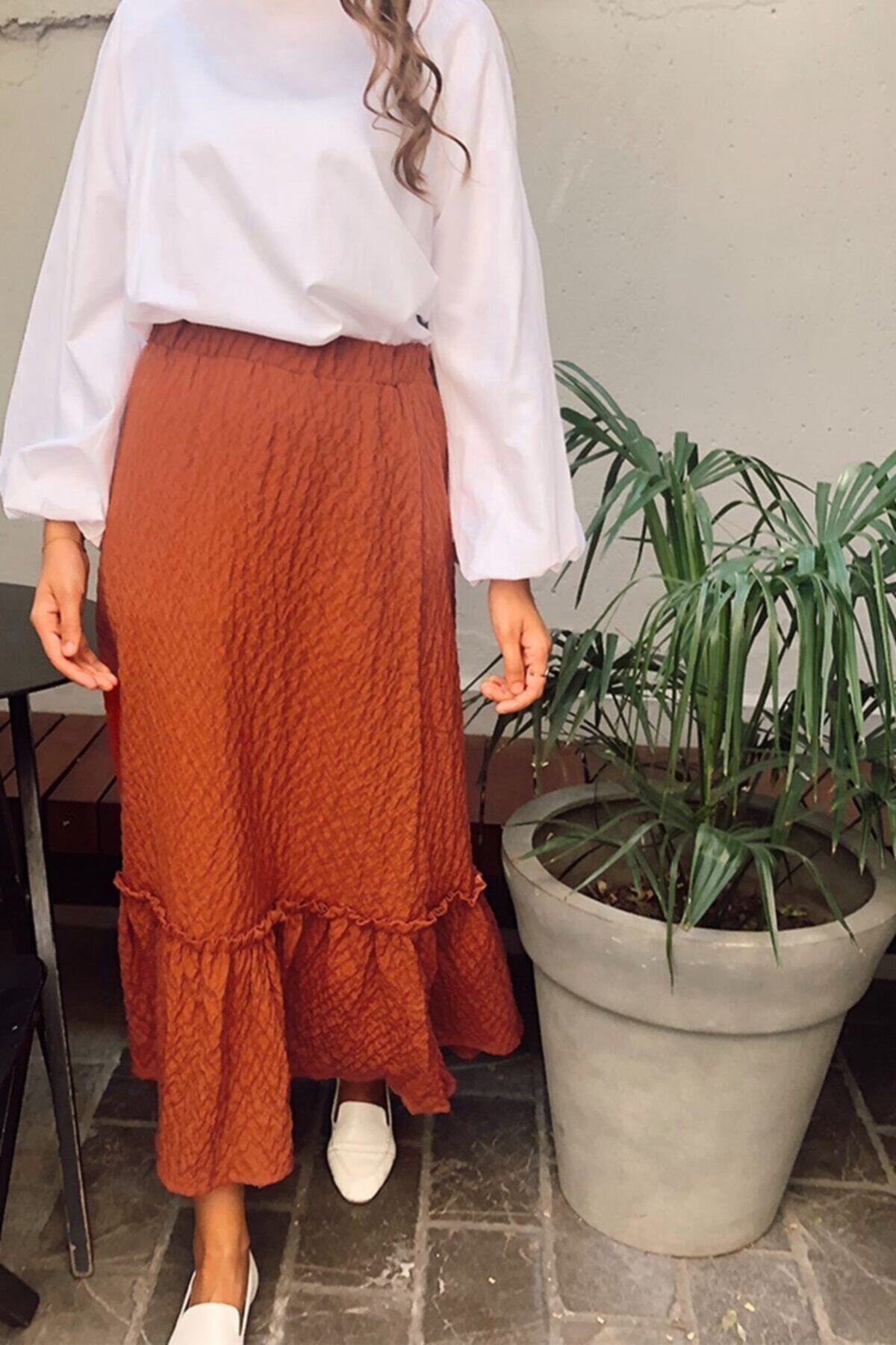 Ekrumoda Kiremit Yarece Beli Lastikli Etek