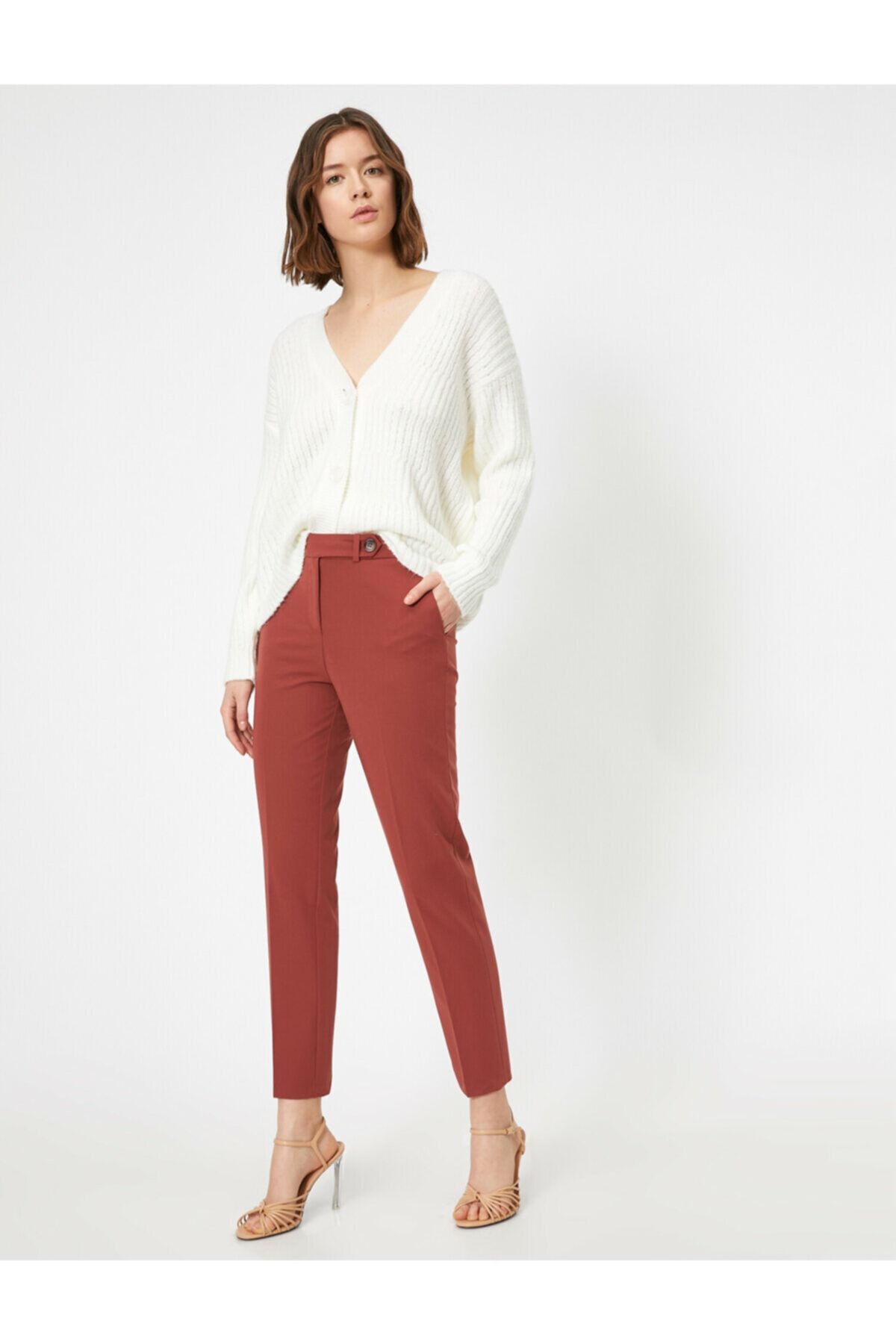 Koton Kadın Kahve Dügme Detayli Slim Fit Pantolon