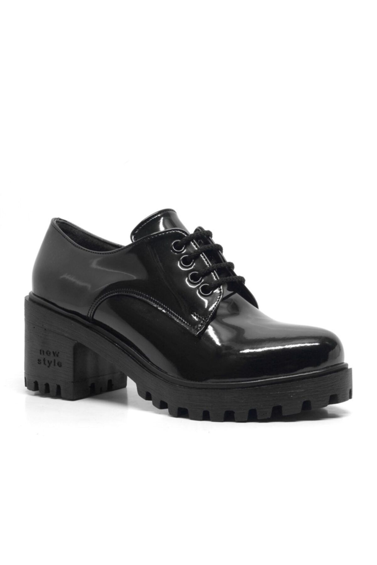 Shoes Center Siyah Rugan Bağcıklı Topuklu Oxford Kadın Ayakkabı