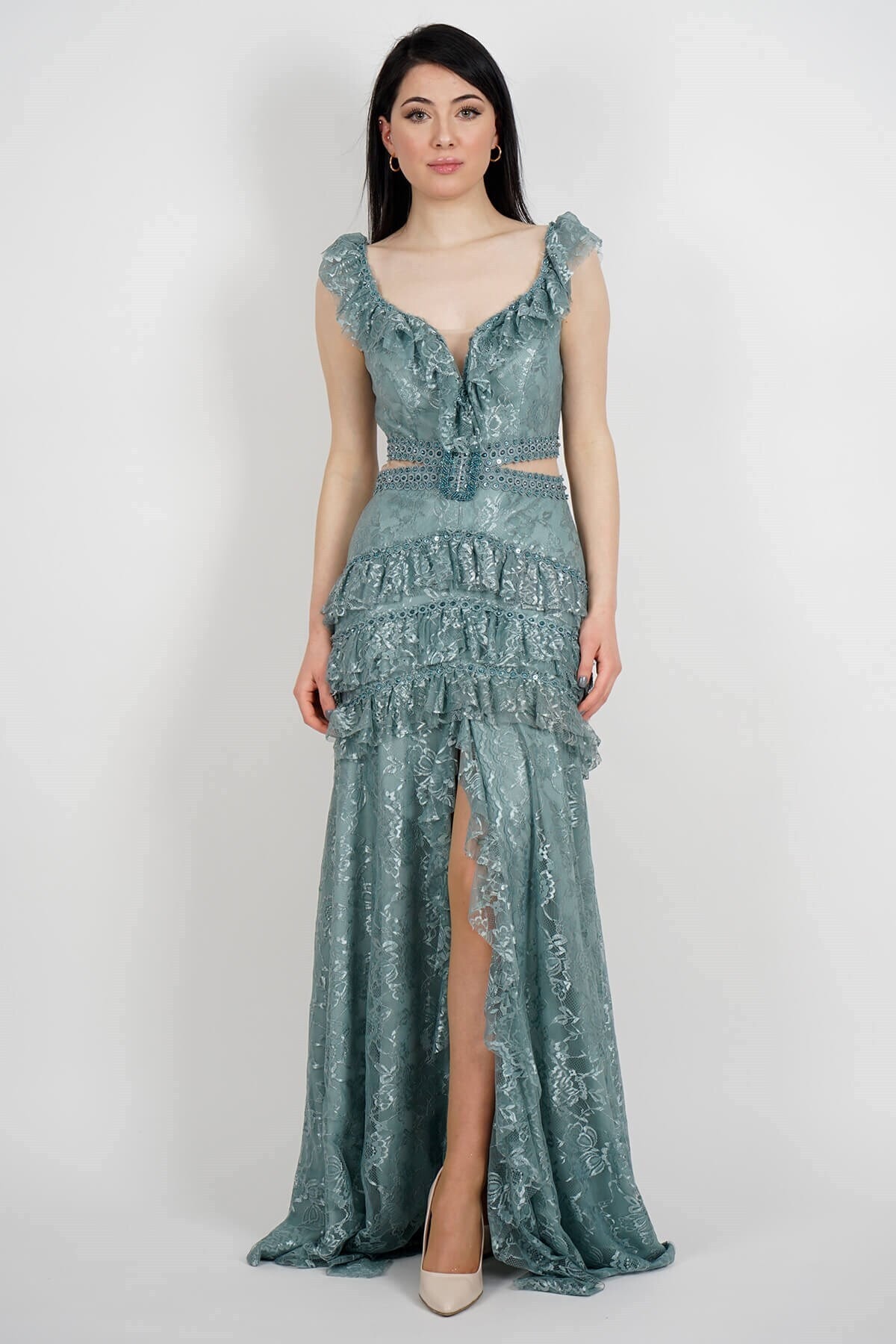 SpringStore Mint Yırtmaçlı Dantel Abiye