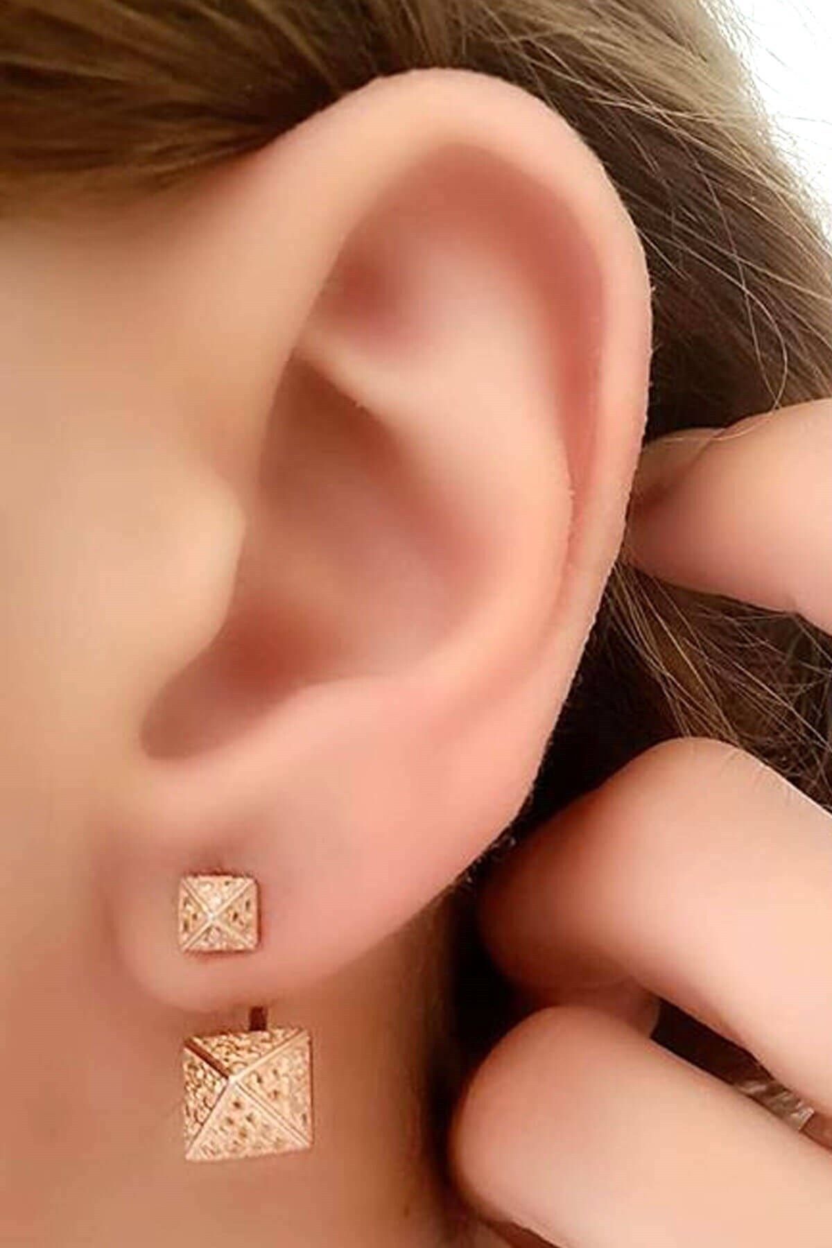 OSESHOP Sitrin Taşlı Gümüş Rose Earcuff Tasarım Cift Küpe