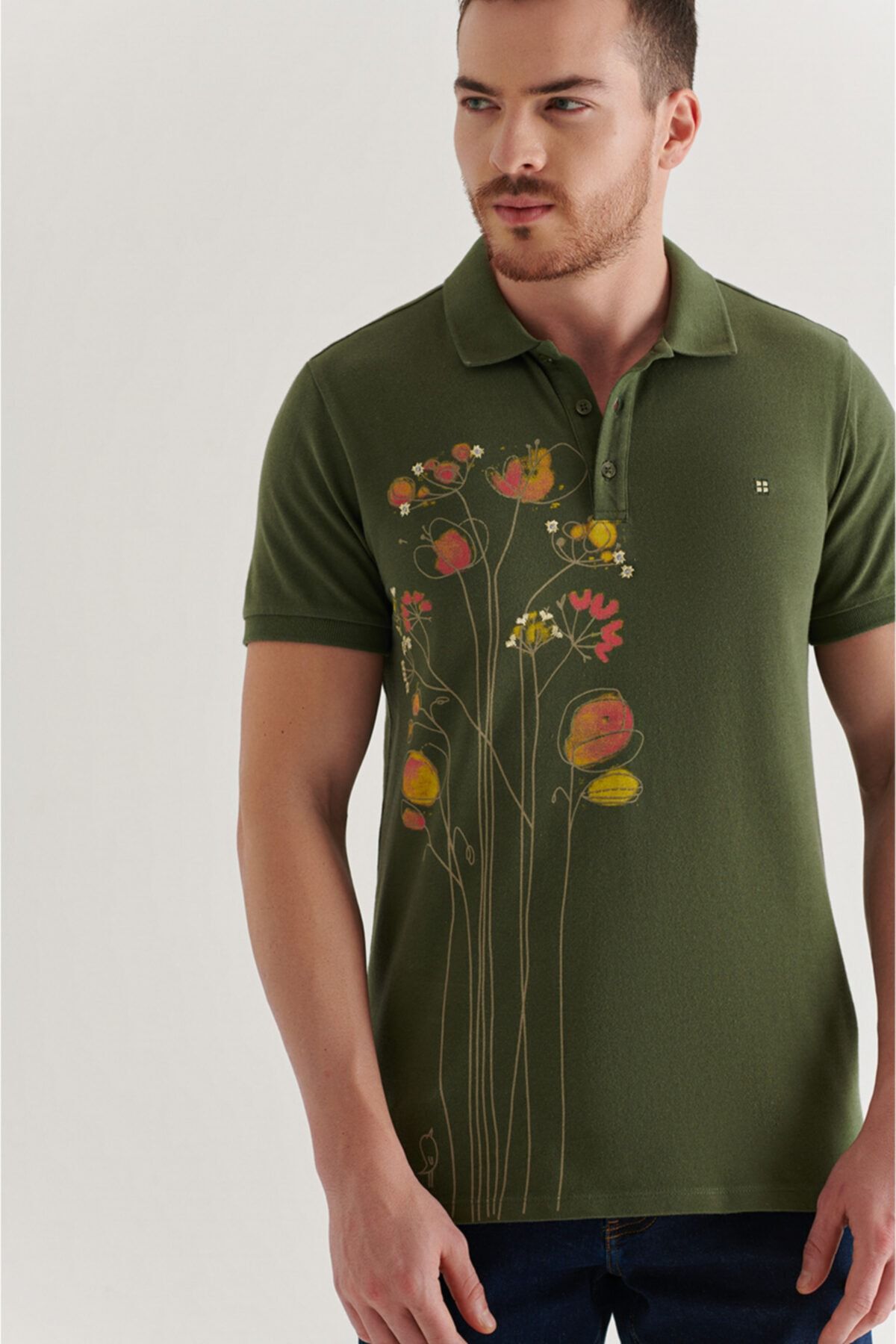 Avva Erkek Haki Polo Yaka Baskılı T-shirt A11y1081