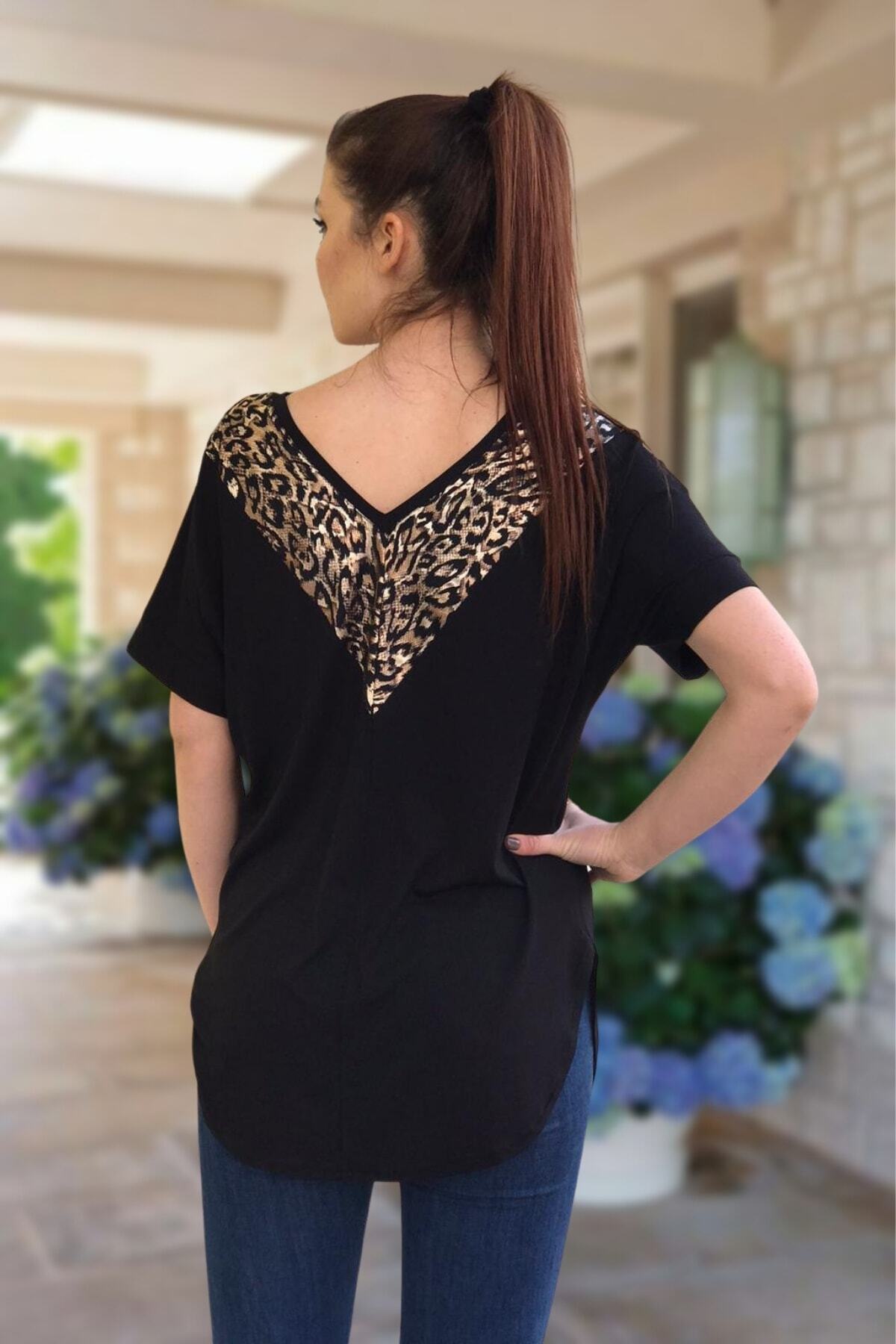 MODANİCE Kadın Siyah Sırtı Leopar Garnili Cepli Bluz