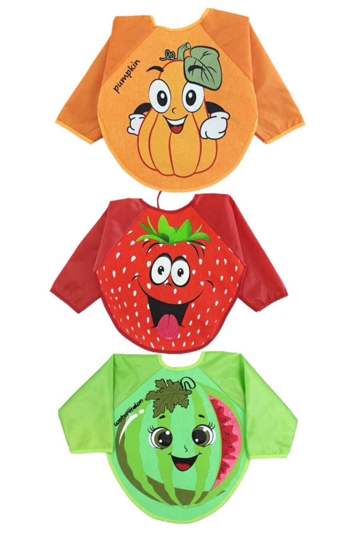 Malkoç Unisex Su Geçirmez Kabak Çilek Karpuz Desen Bebek Mama Önlüğü 6-24 Ay 3 Adet