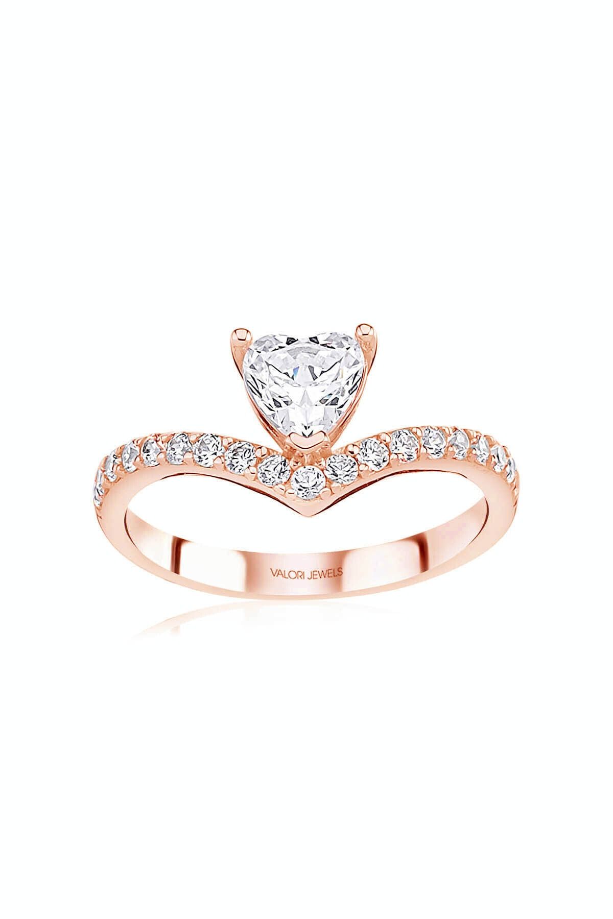 Valori Jewels Kalp, 0.75 Karat Swarovski Zirkon Taşlı, Rose Gümüş Yüzük