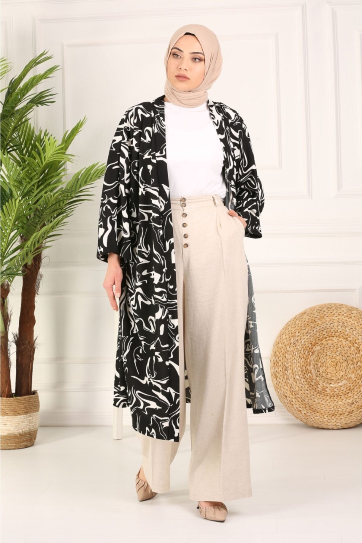 Miezza Kadın Siyah Desenli Kimono