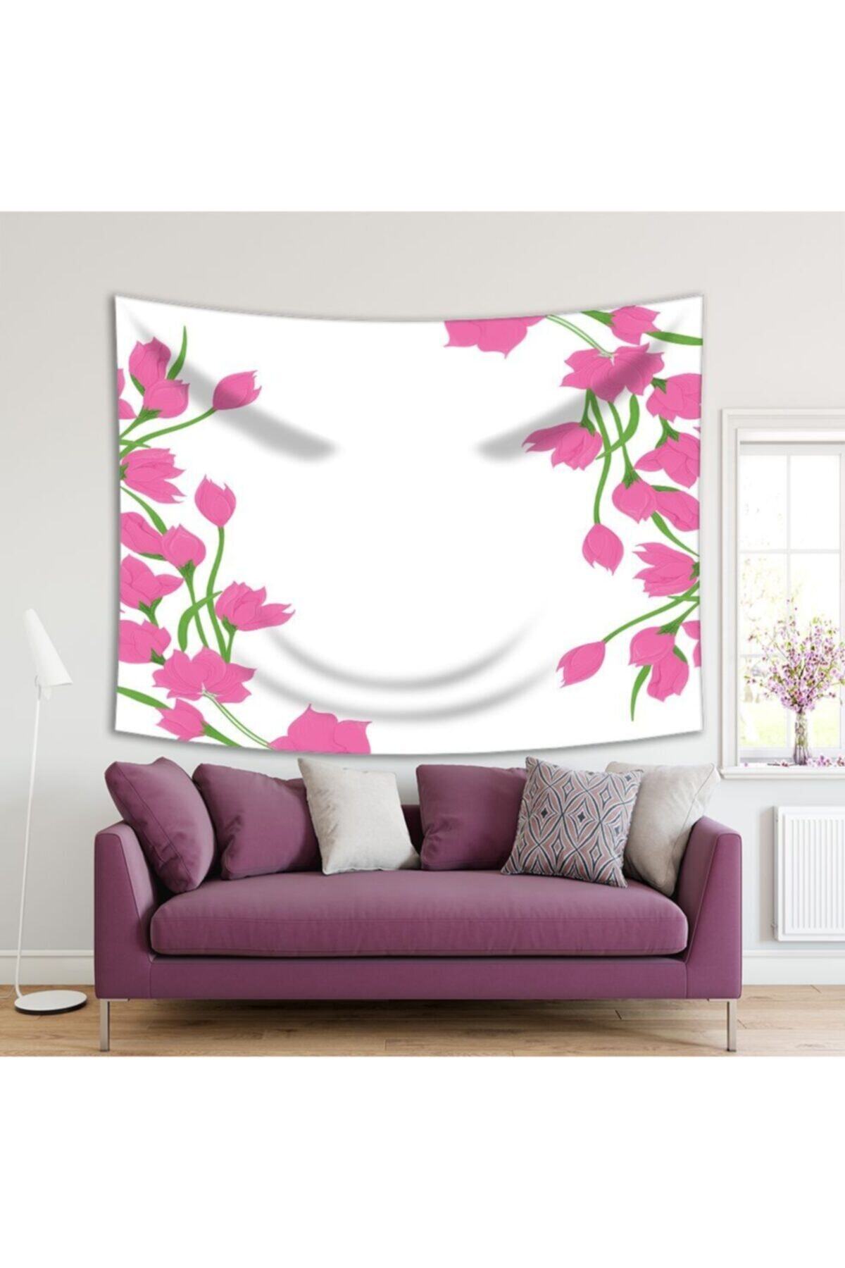 Henge Home Baskılı Duvar Örtüsü Yağlı Boya Görünümlü Pembe Çiçek Desenli