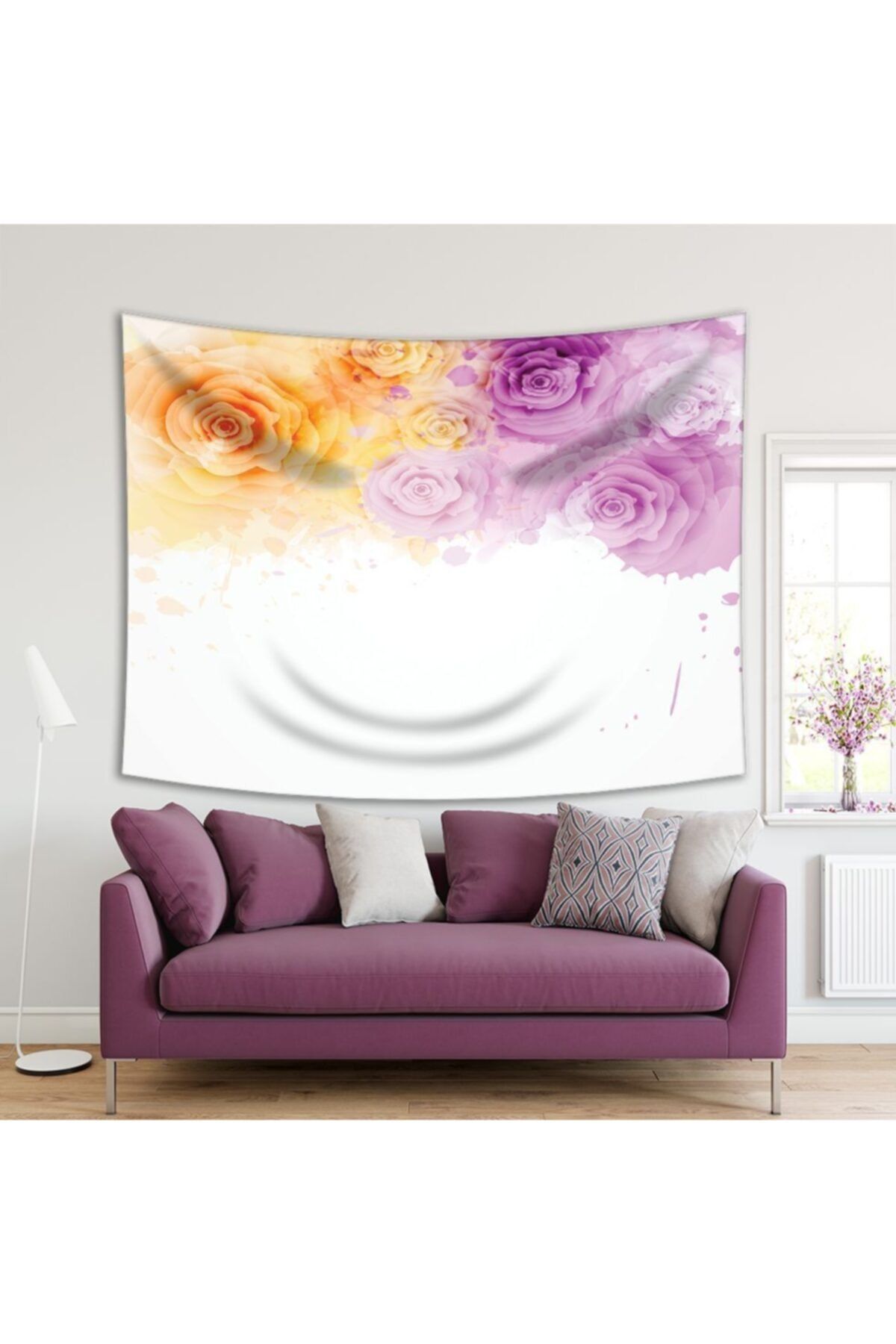 Henge Home Baskılı Duvar Örtüsü Sarı Turuncu Mor Pembe Çiçek Desenli