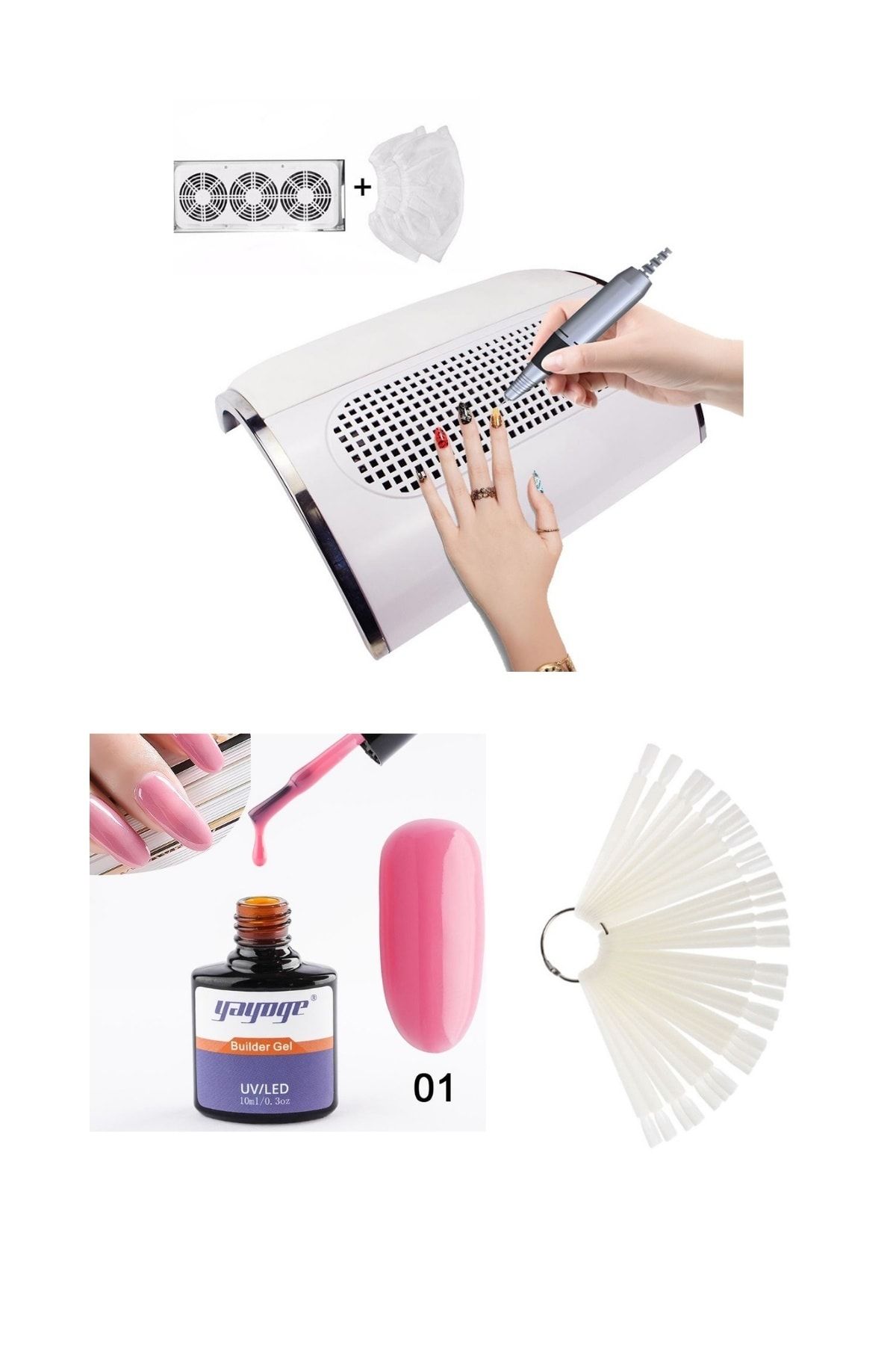NAIL 3 Fanlı Salon Toz Toplama Cihazı 2yedek Torbalı+yayoge Hızlı Buılder Jel+50 Li Kartela