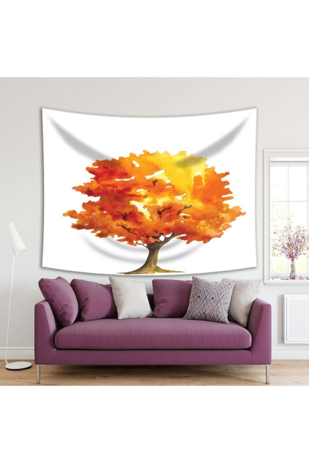 Henge Home Baskılı Duvar Örtüsü Sarı Turuncu Sulu Boya Etkili Ağaç Sonbahar