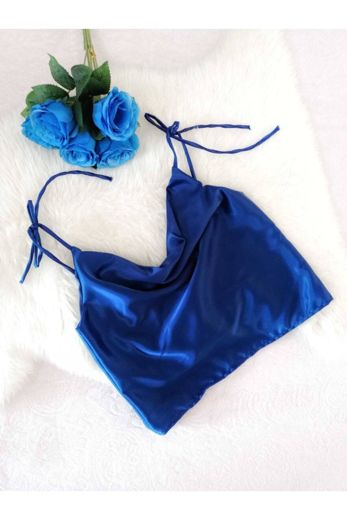 Crescent Saks Mavisi Degaje Yaka Kalın Saten Bluz