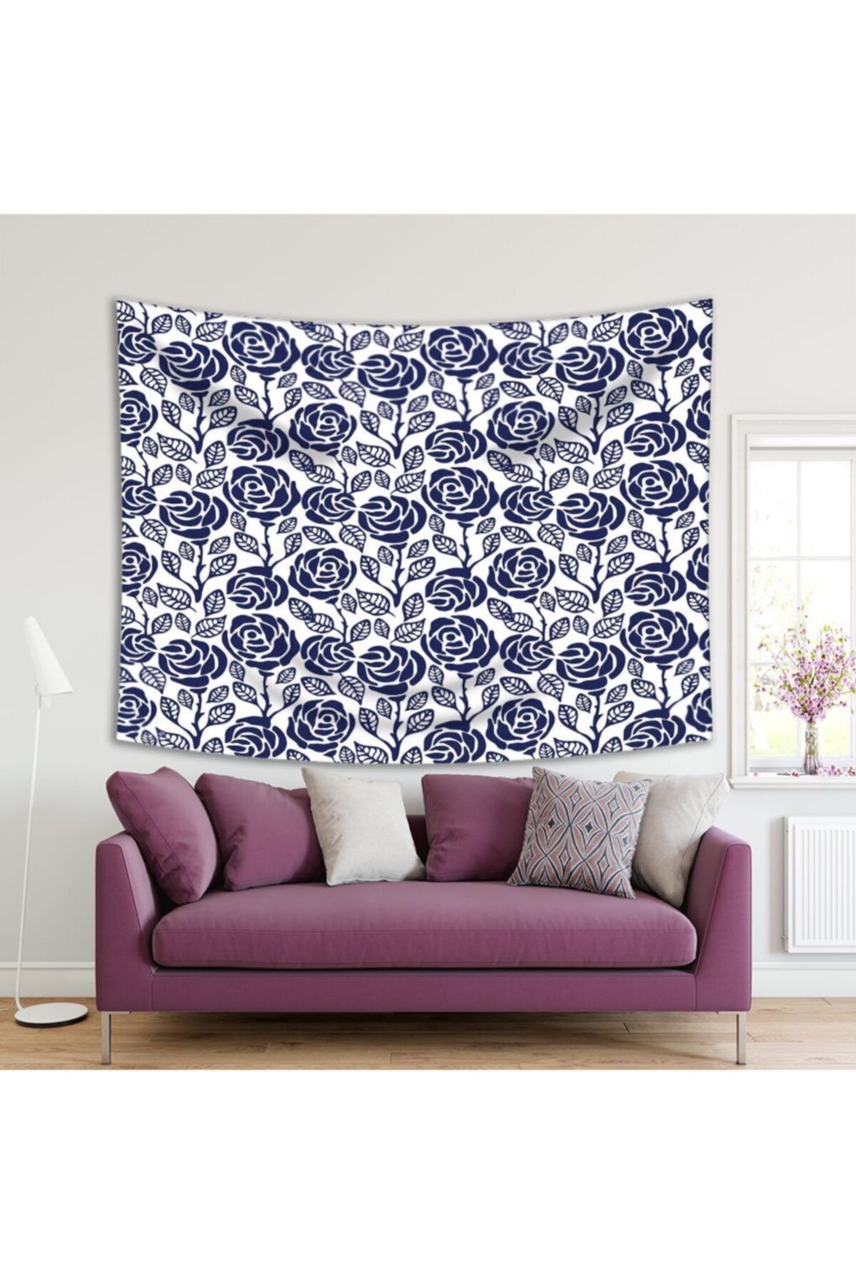 Henge Home Baskılı Duvar Örtüsü Lacivert Beyaz Floral Desenli Çiçekli
