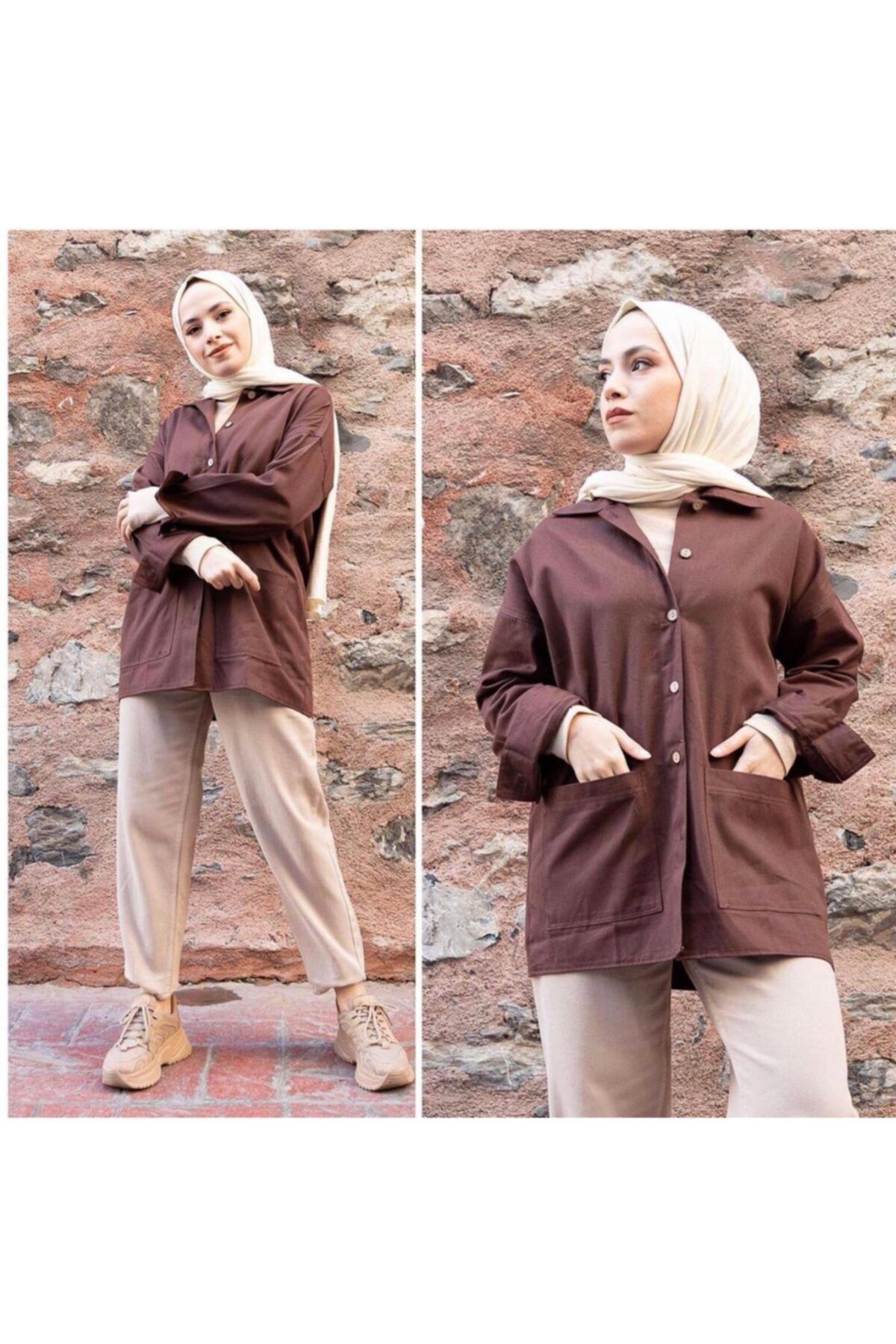 Caramel Butik Kadın Kahverengi Çift Cepli  Gömlek