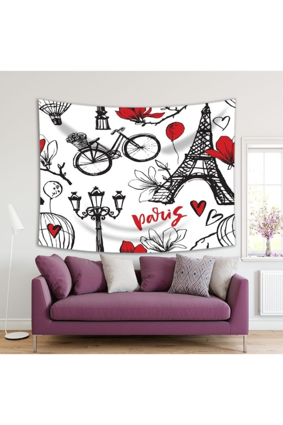 Henge Home Baskılı Duvar Örtüsü Paris Aşk Eyfel Kulesi Deseni Kırmızı Siyah