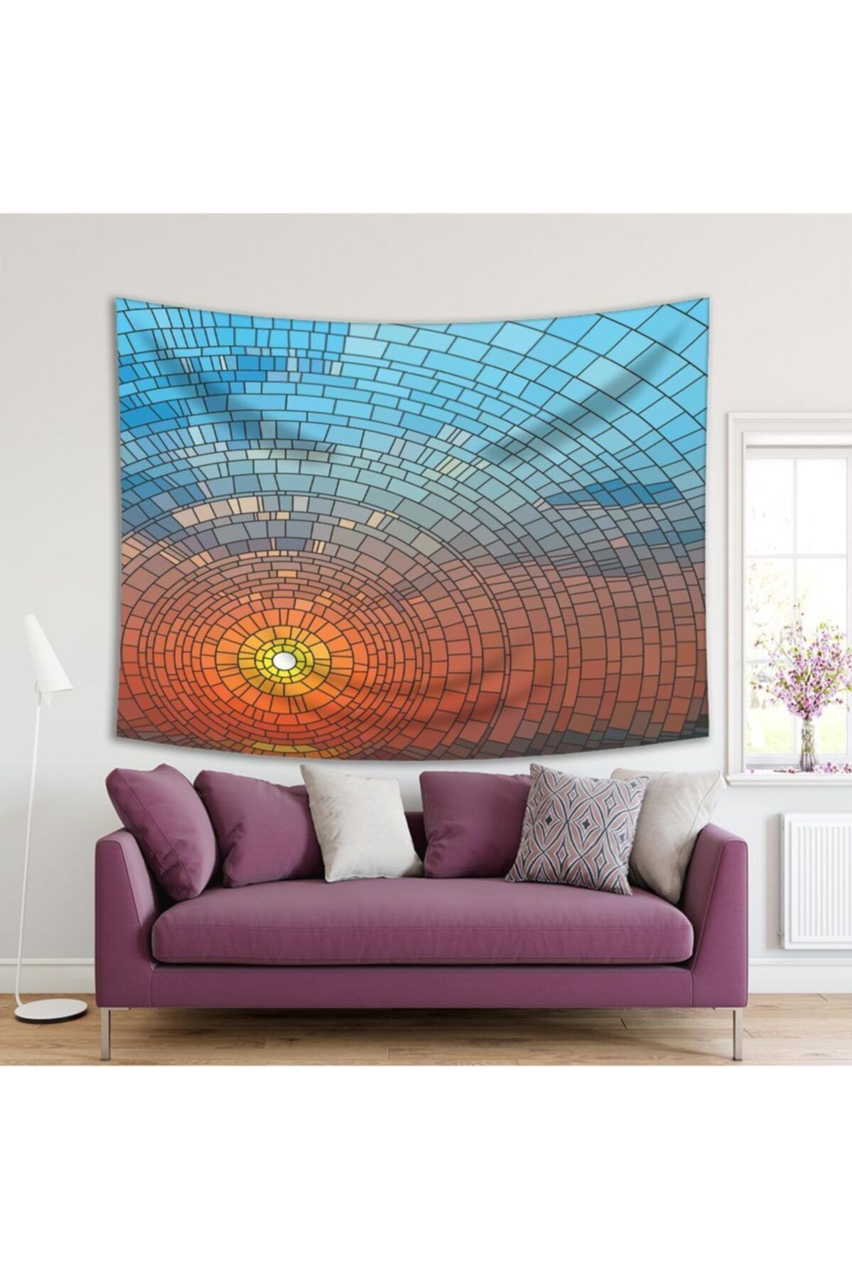 Henge Home Baskılı Duvar Örtüsü Ayna Vitray Desenli Güneş Mavi Sarı Pembe