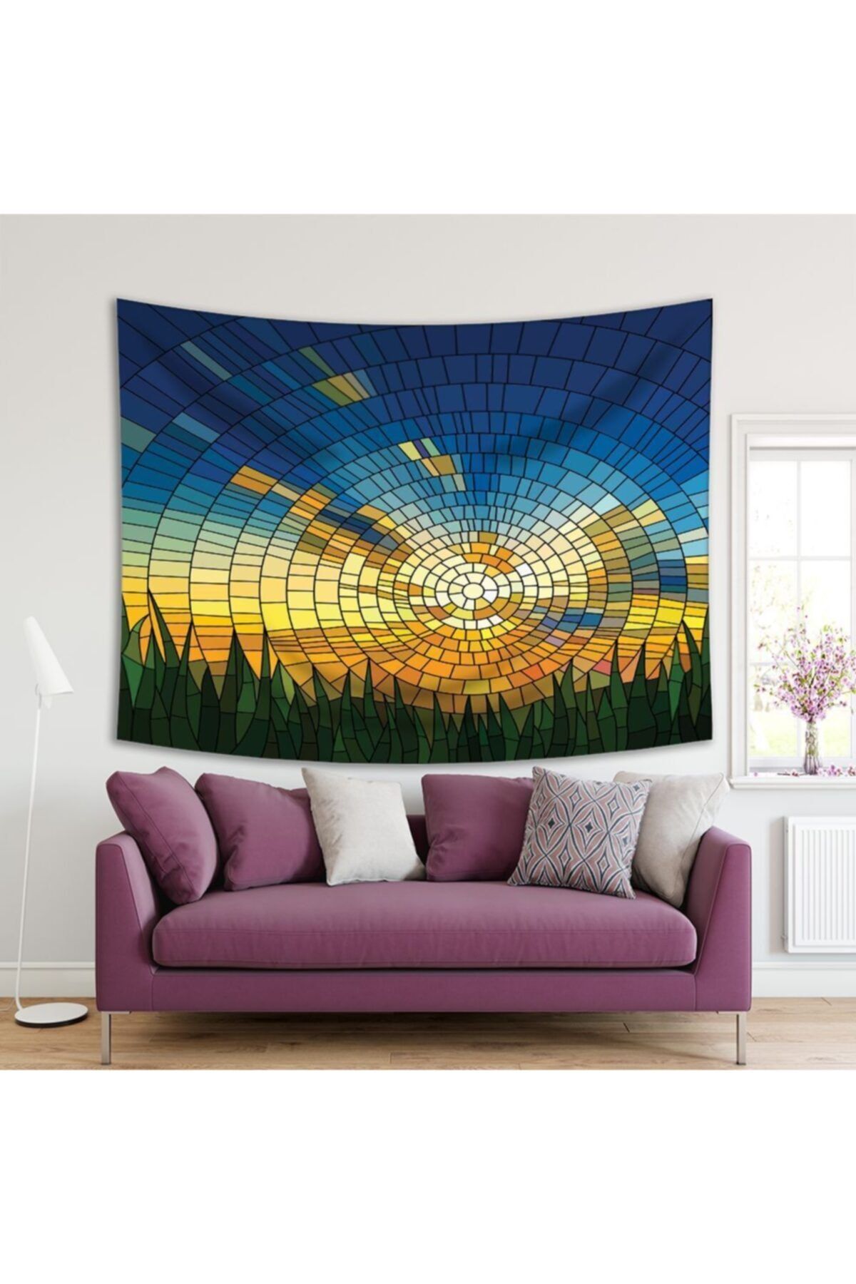 Henge Home Baskılı Duvar Örtüsü Ayna Vitray Desenli Güneş Mavi Sarı Yeşil