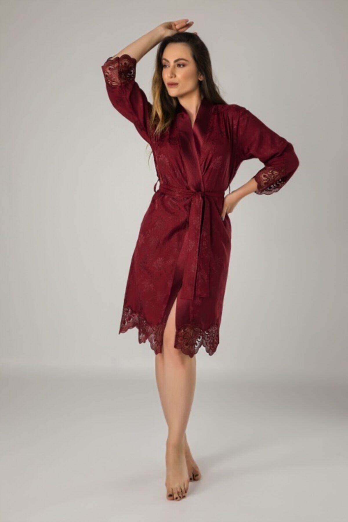 Nuşa Kadın Bordo Kimano Saten Bambu  Sabahlık Bornoz