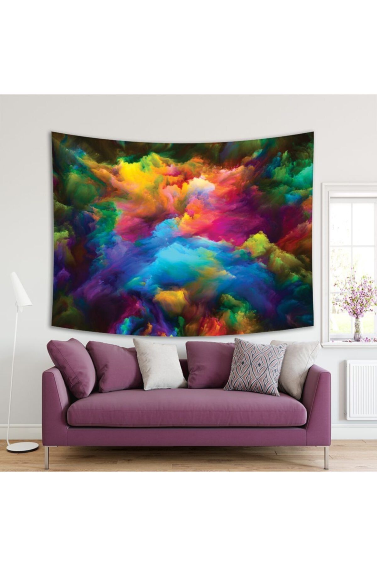 Henge Home Baskılı Duvar Örtüsü Rengarenk Pembe Mavi Sarı Bulutlar Desenli