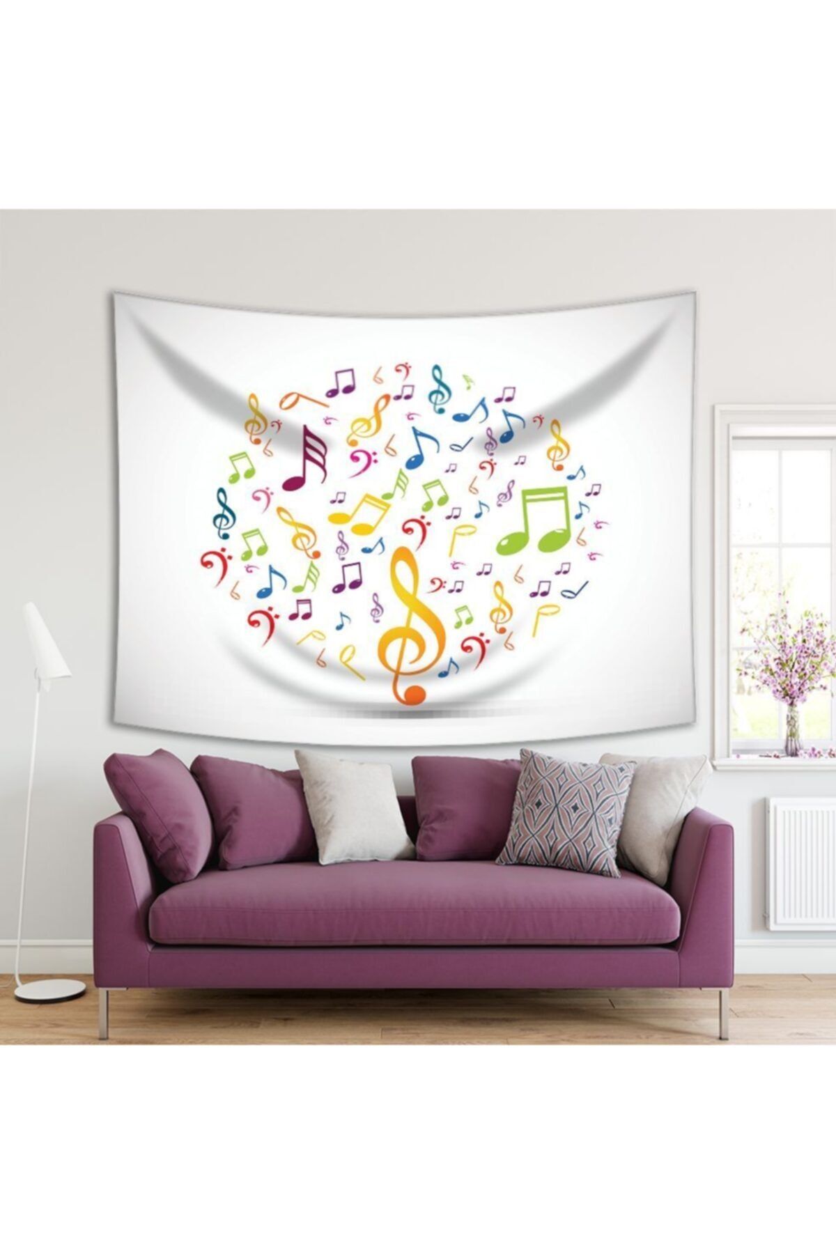 Henge Home Baskılı Duvar Örtüsü Müzik Notaları Desenli Sarı Yeşil Mavi Mor