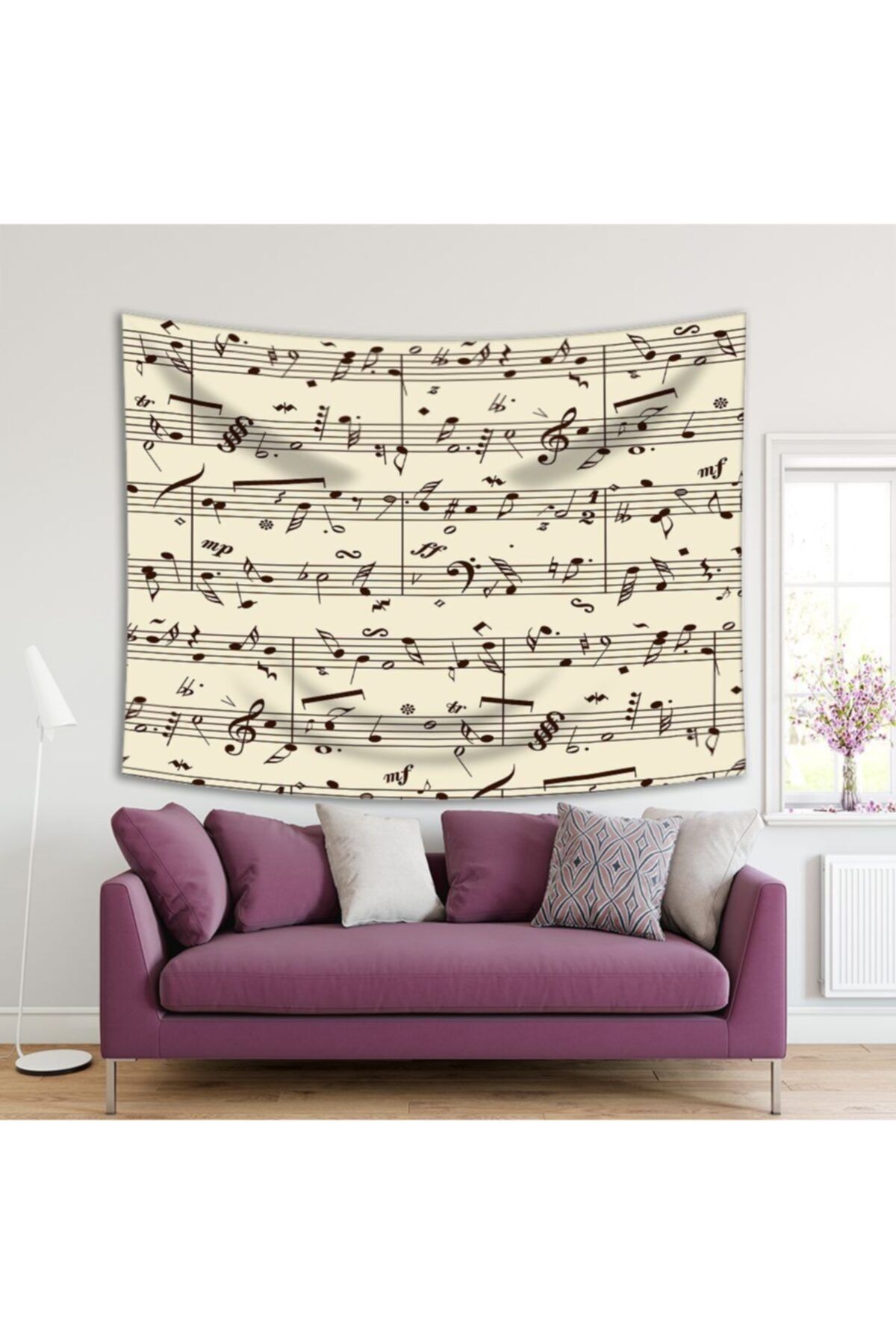 Henge Home Baskılı Duvar Örtüsü Müzik Notaları Desenli Krem Kahverengi