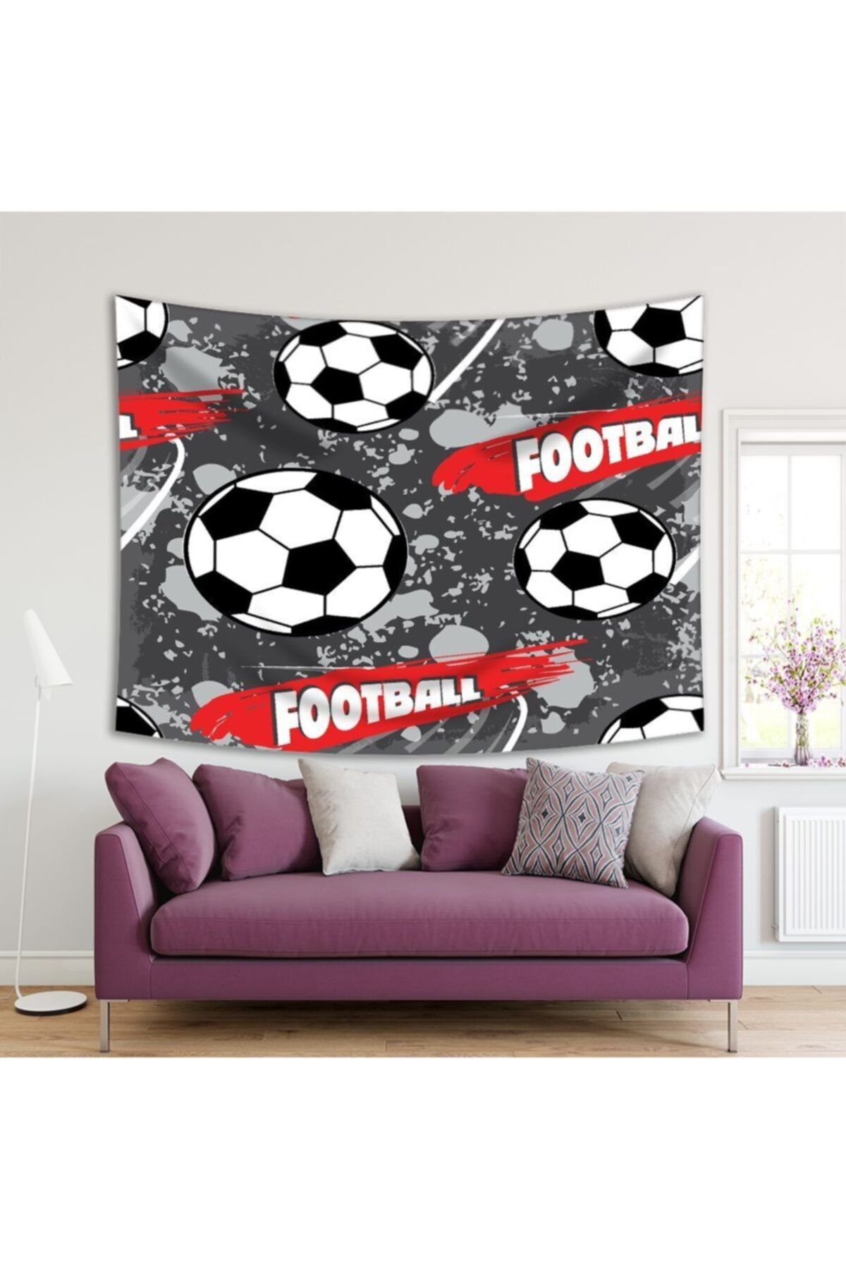 Henge Home Baskılı Duvar Örtüsü Futbol Top Yazılı Desen Kırmızı Siyah Beyaz