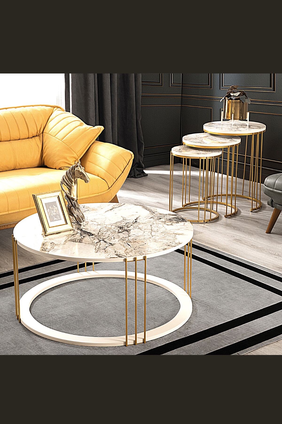 Mobievim Roma Gold Metal Ayaklı,Mermer Desenli Mdf'li Sehpa  Seti