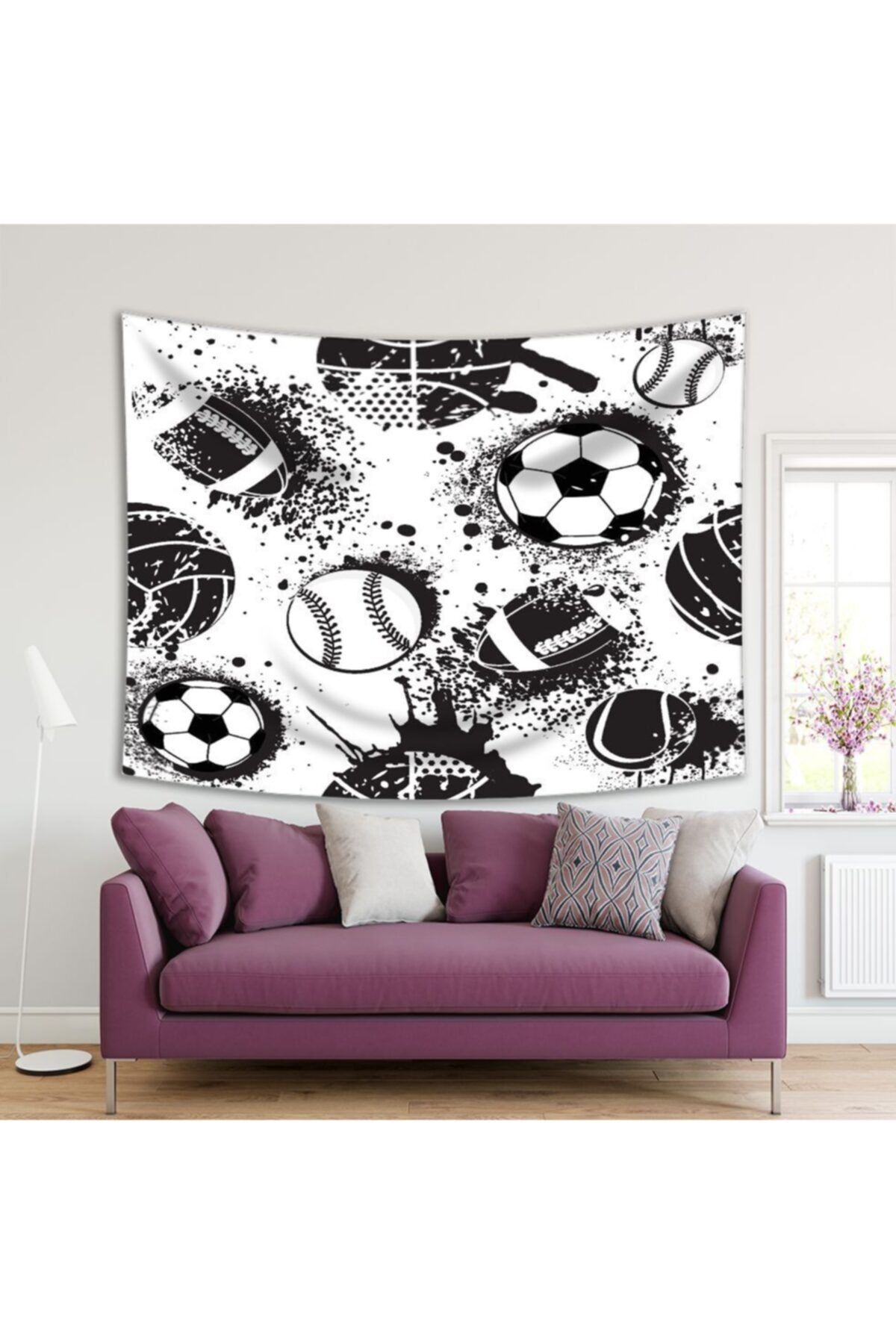 Henge Home Baskılı Duvar Örtüsü Top Yazı Deseni Siyah Beyaz