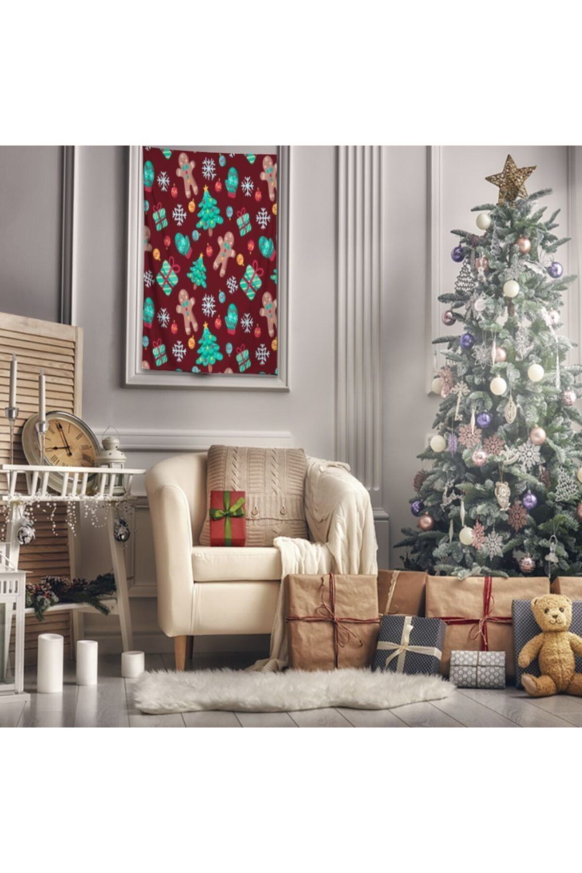 Henge Home Baskılı Duvar Örtüsü Bordo Kar Taneleri Kurabiye Kırmızı Yılbaşı Süsleri