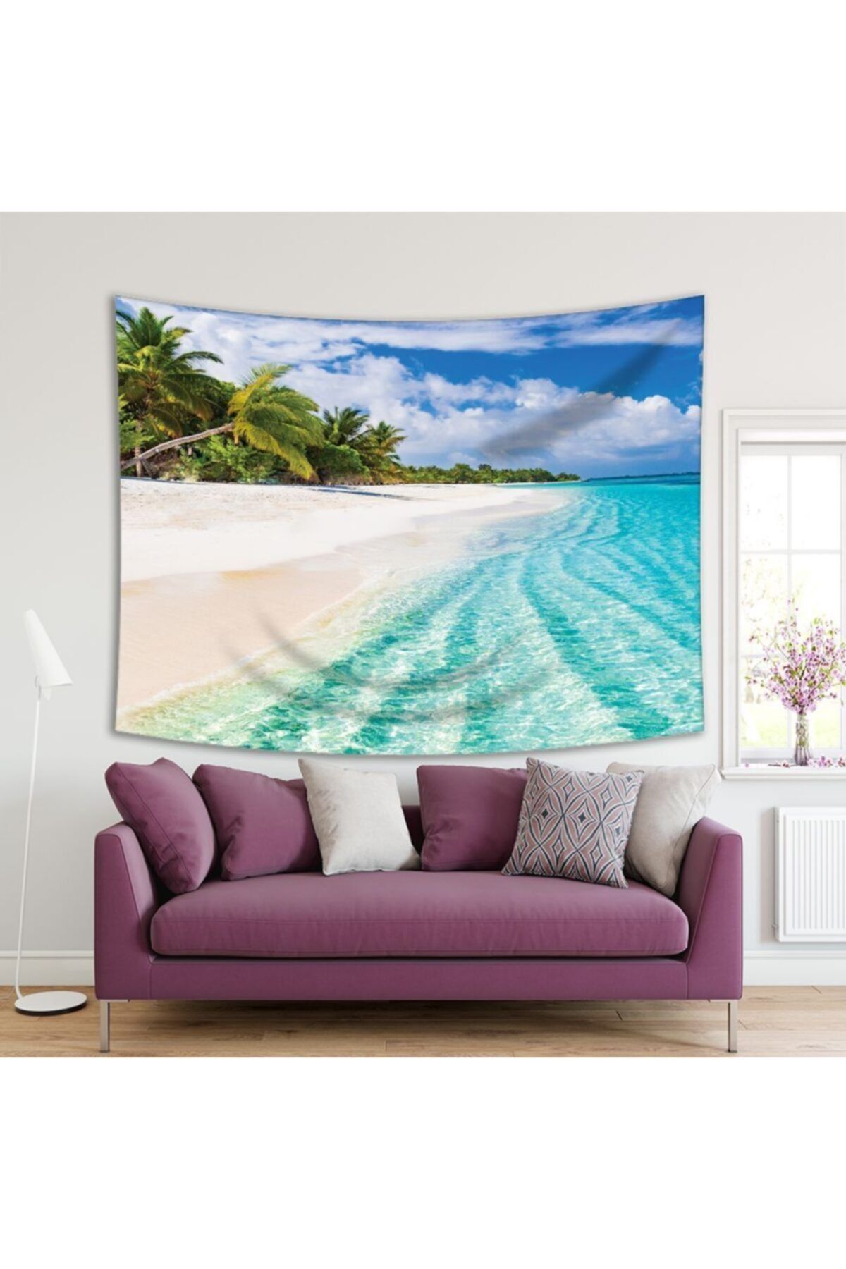 Henge Home Baskılı Duvar Örtüsü Deniz Kumsal Palmiye Ağacı Deseni
