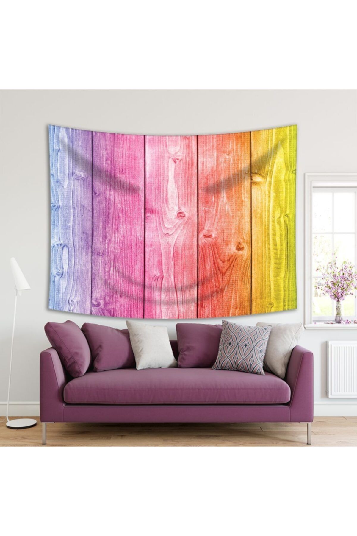 Henge Home Baskılı Duvar Örtüsü Renkli Ahşap Pembe Mavi Sarı Deseni