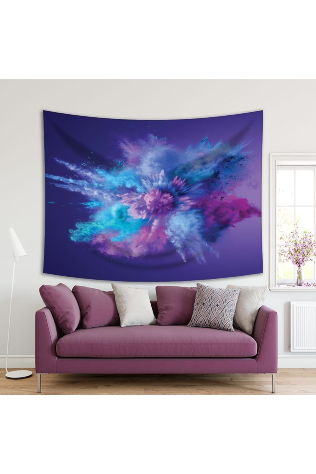 Henge Home Baskılı Duvar Örtüsü Mavi Su Ve Mor Tozların Patlama Deseni