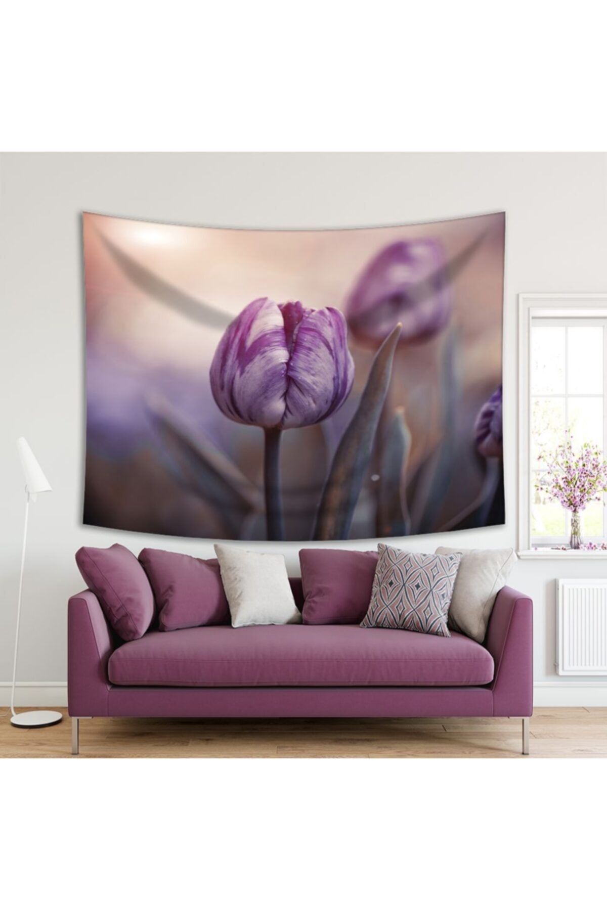 Henge Home Baskılı Duvar Örtüsü Mor Lale Deseni